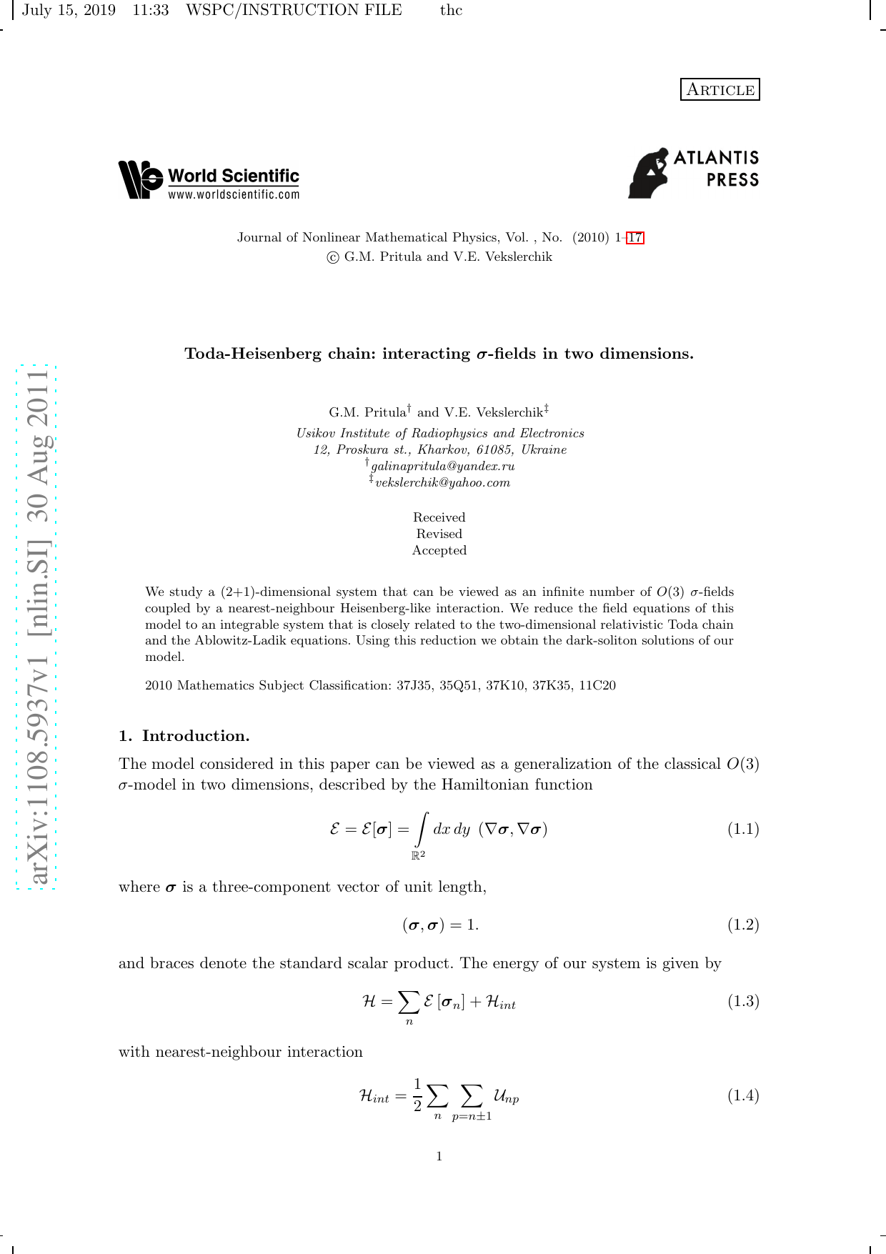 Toda-Heisenberg chain: interacting sigma-fields in two dimensions