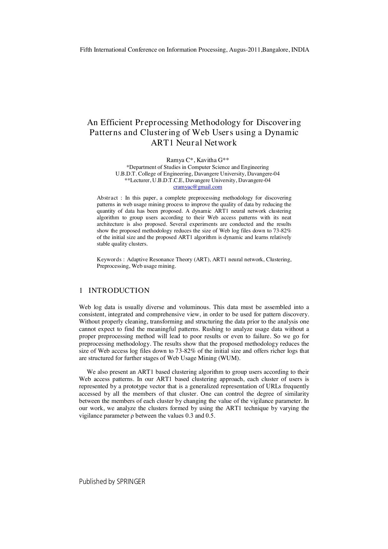 An Efficient Preprocessing Methodology for Discovering Patterns and   Clustering of Web Users using a Dynamic ART1 Neural Network