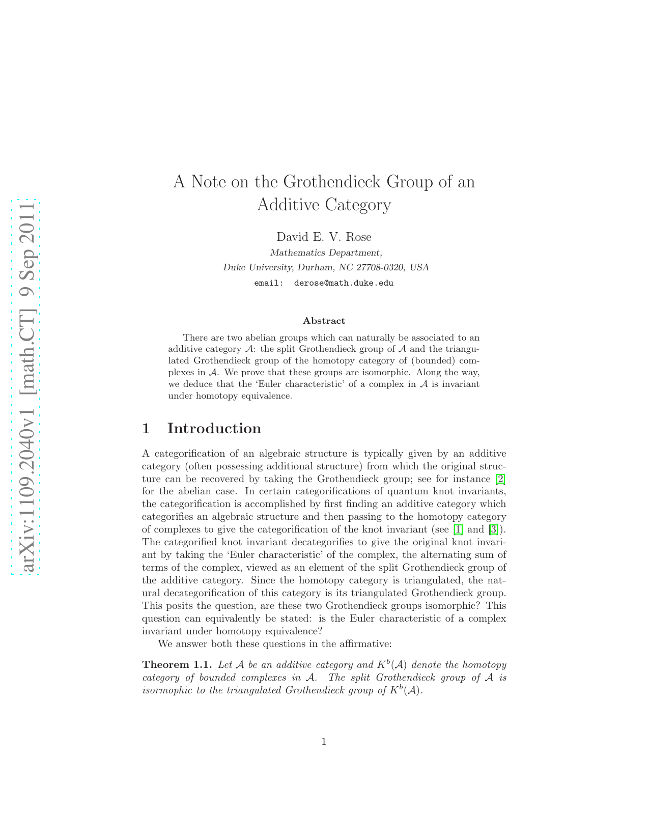 A Note on the Grothendieck Group of an Additive Category
