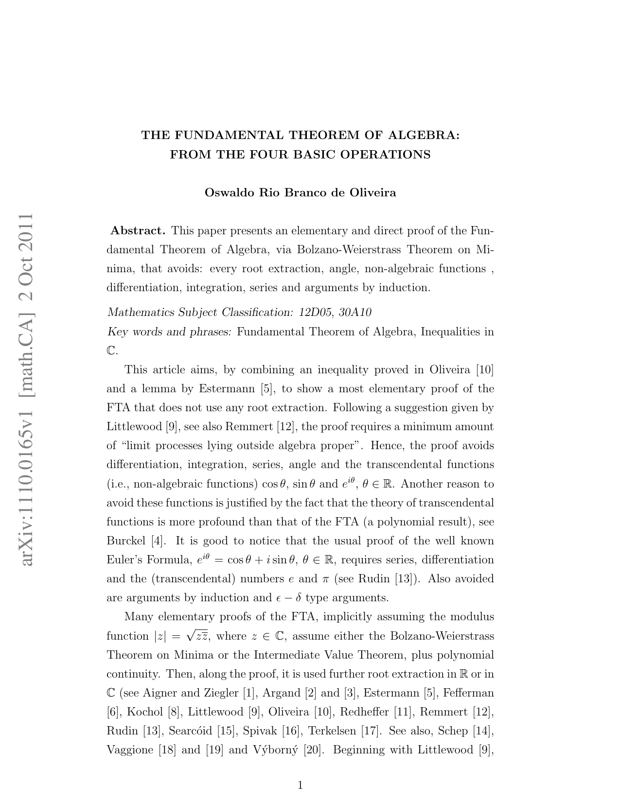 The Fundamental Theorem of Algebra: From The Four Basic Operations