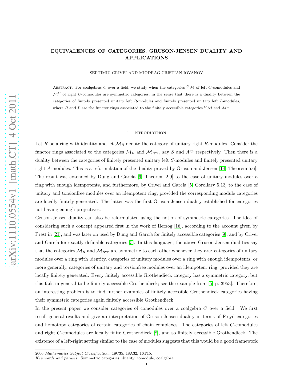 Equivalence of categories, Gruson-Jensen duality, and applications