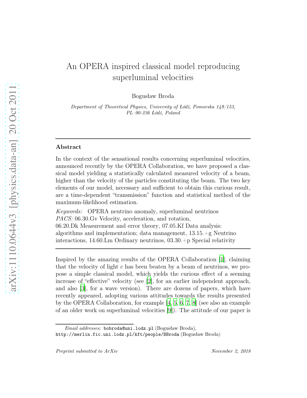 An OPERA inspired classical model reproducing superluminal velocities