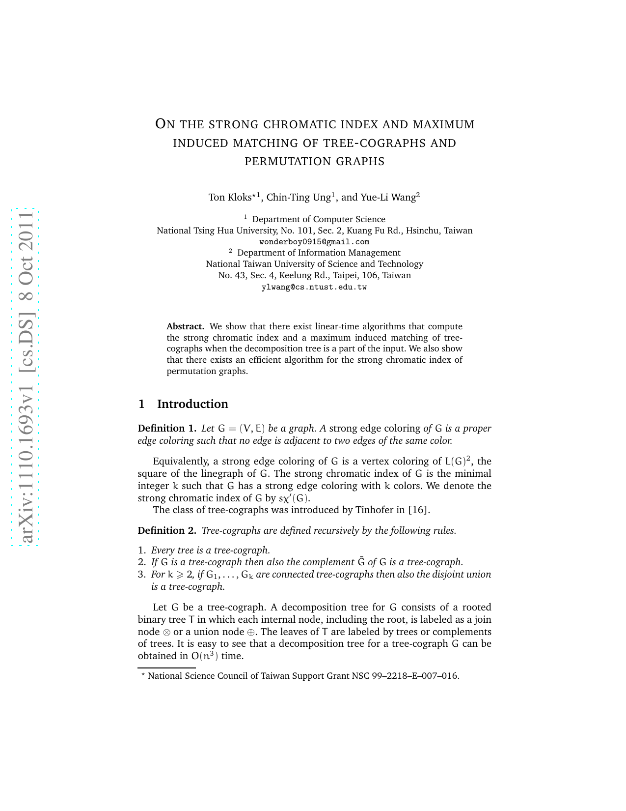 On the strong chromatic index and maximum induced matching of   tree-cographs and permutation graphs