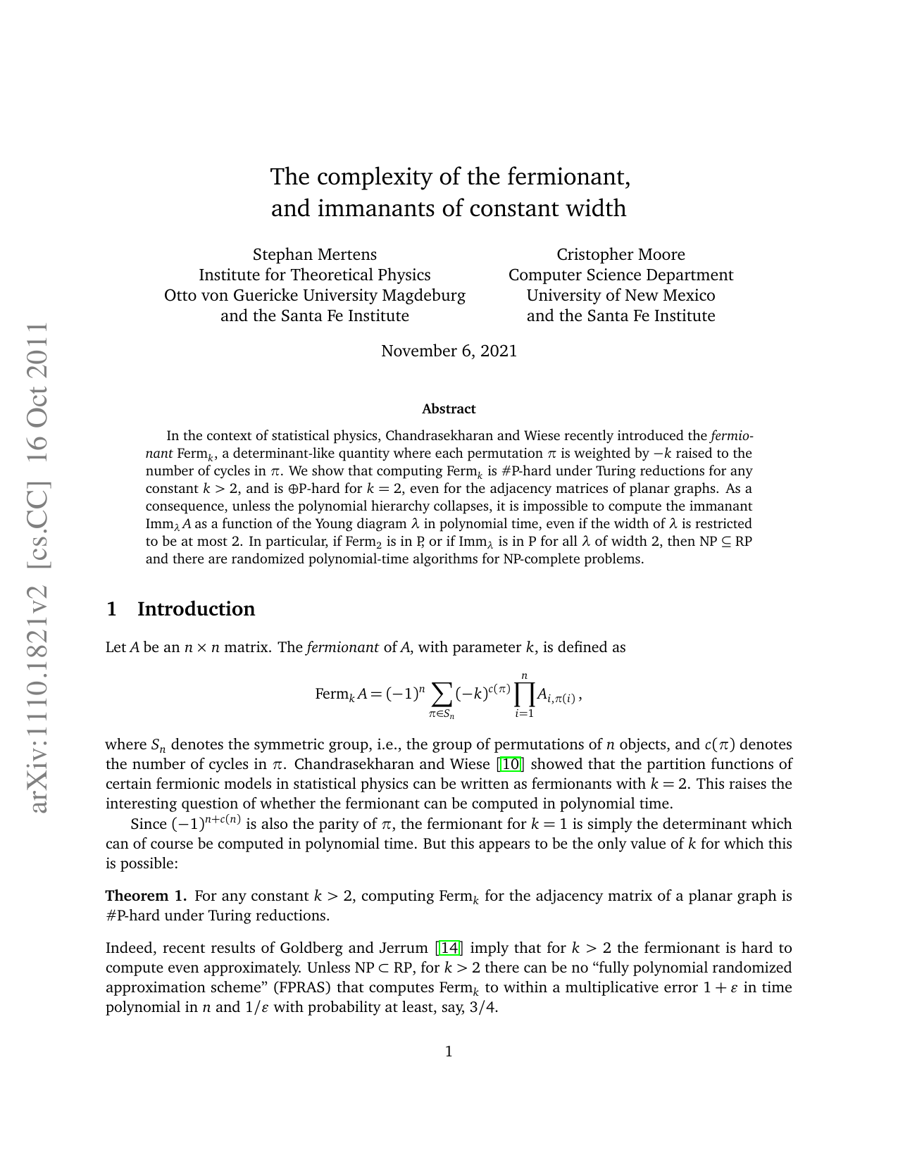 The complexity of the fermionant, and immanants of constant width