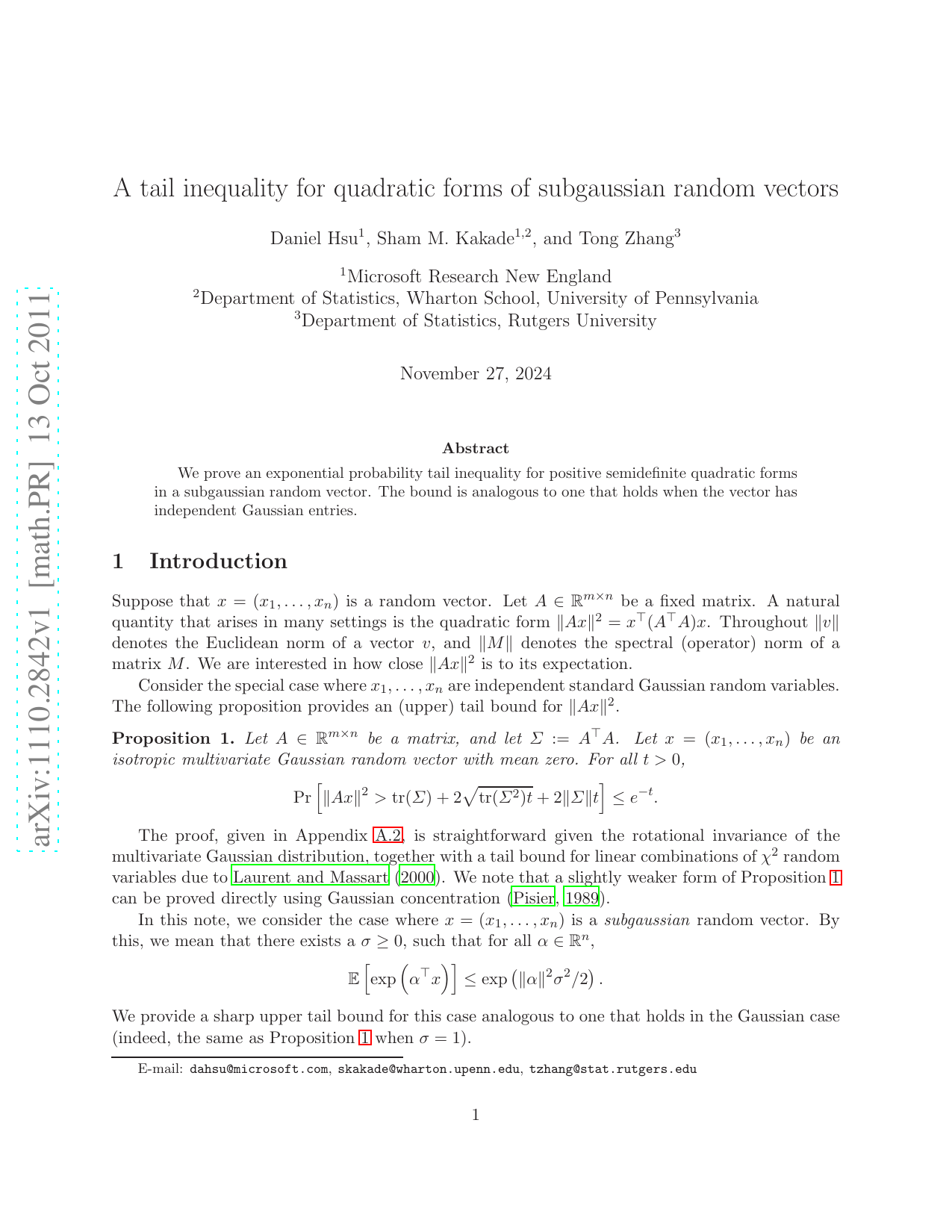 A tail inequality for quadratic forms of subgaussian random vectors