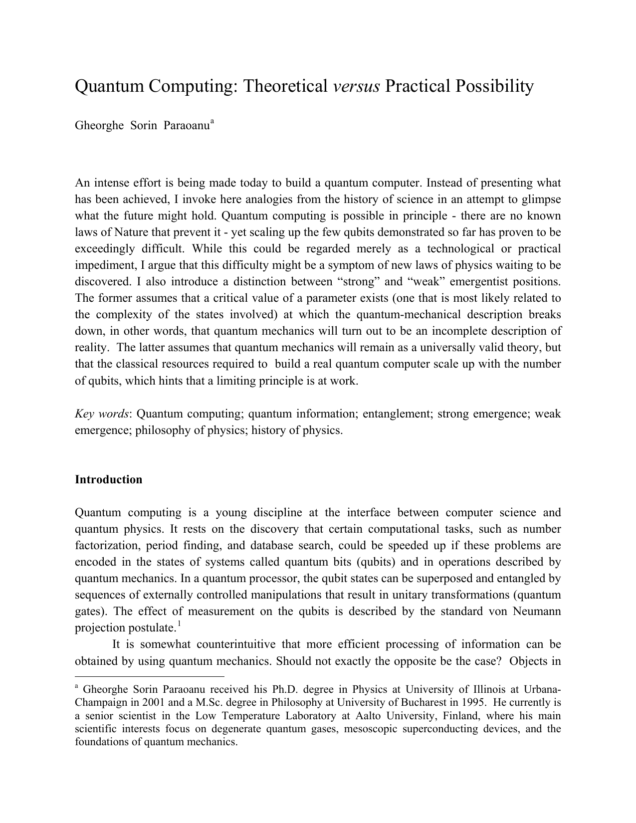 Quantum Computing: Theoretical versus Practical Possibility