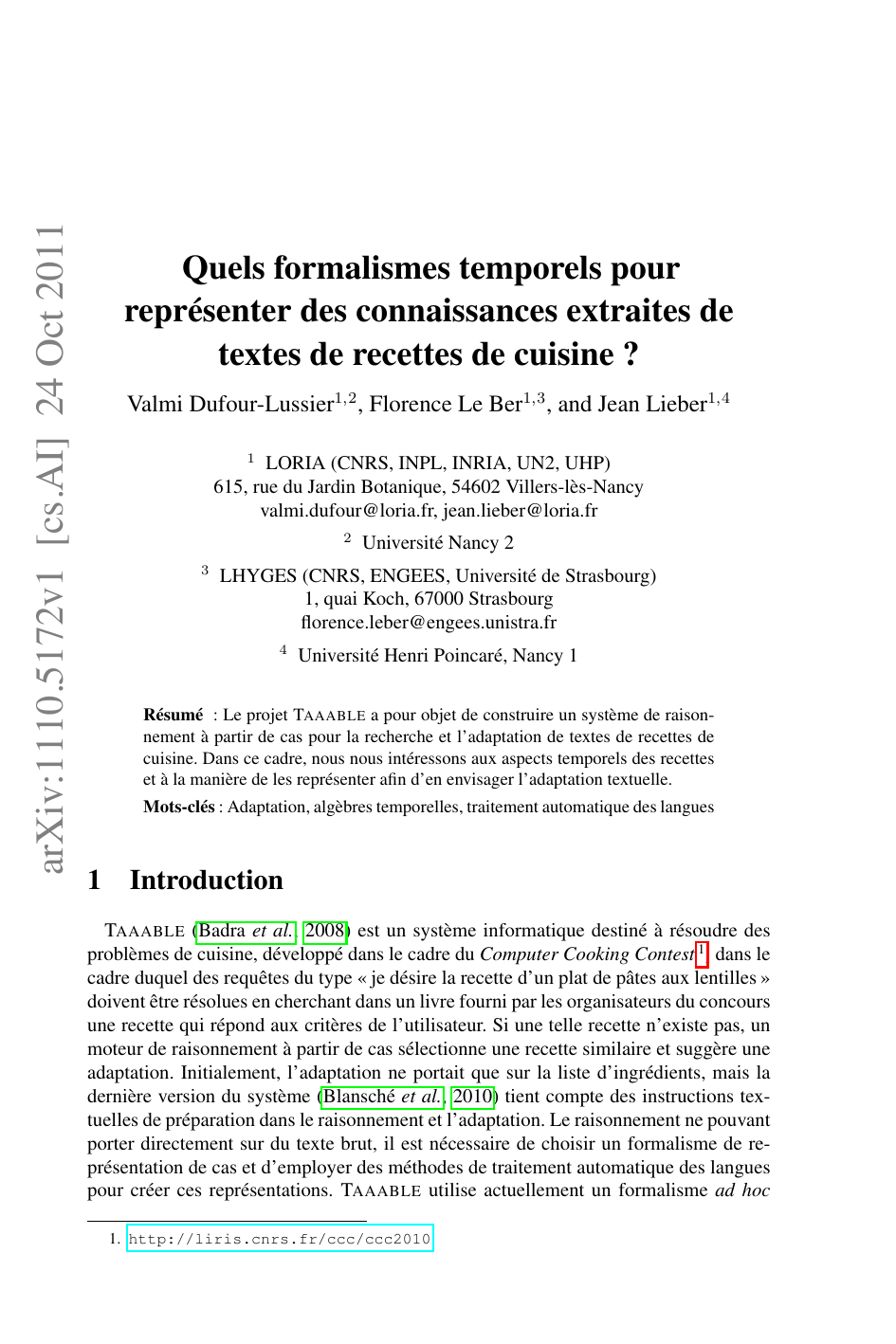Quels formalismes temporels pour representer des connaissances   extraites de textes de recettes de cuisine ?