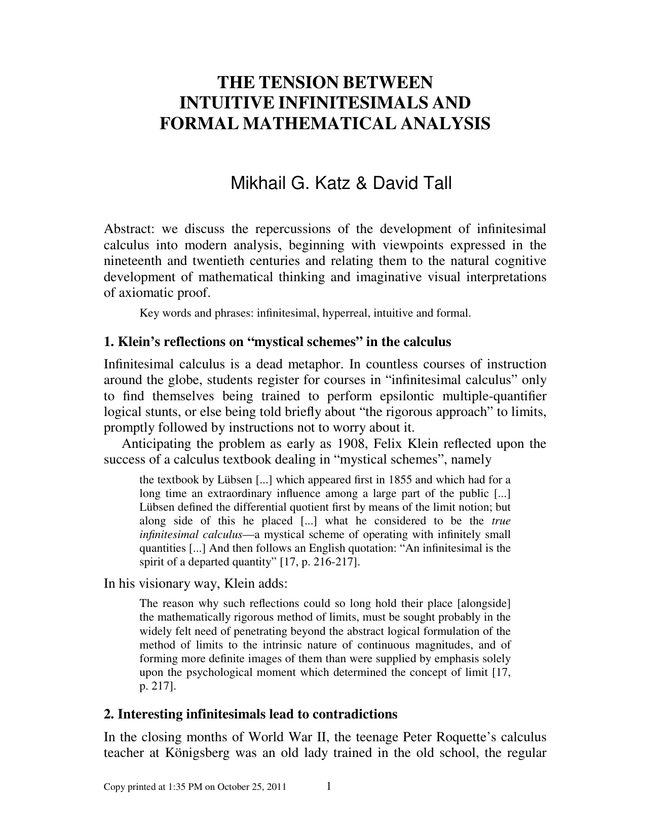 Tension between Intuitive Infinitesimals and Formal Mathematical   Analysis