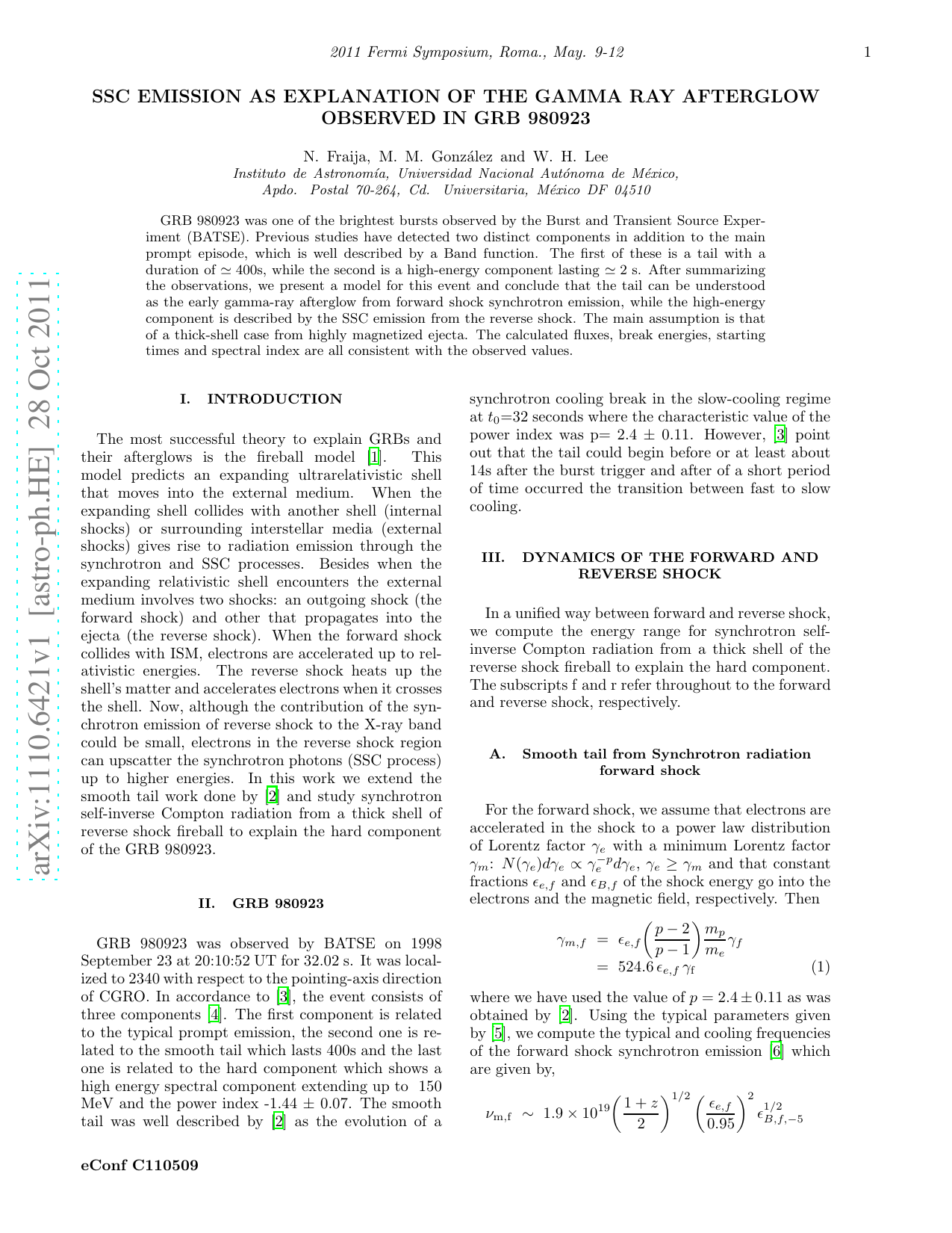 SSC Emission as Explanation of The Gamma Ray Afterglow Observed in GRB 980923