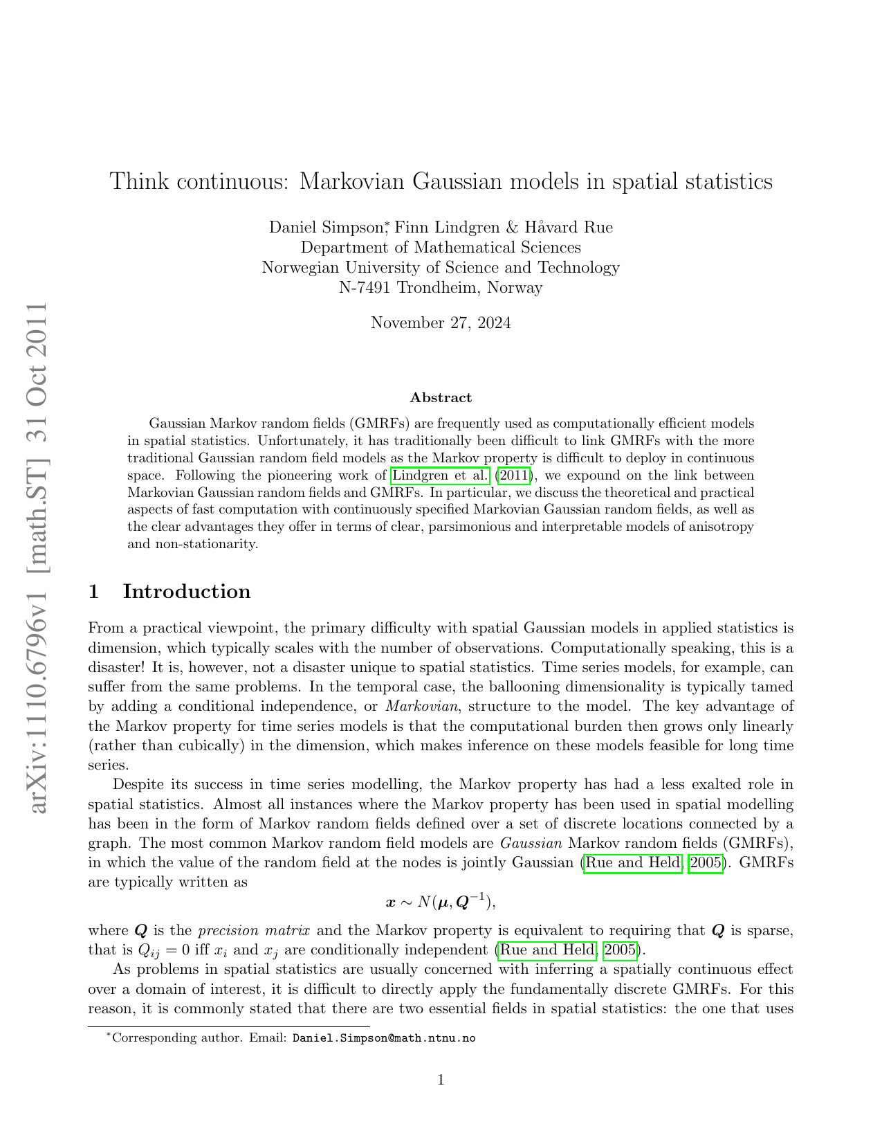 Think continuous: Markovian Gaussian models in spatial statistics