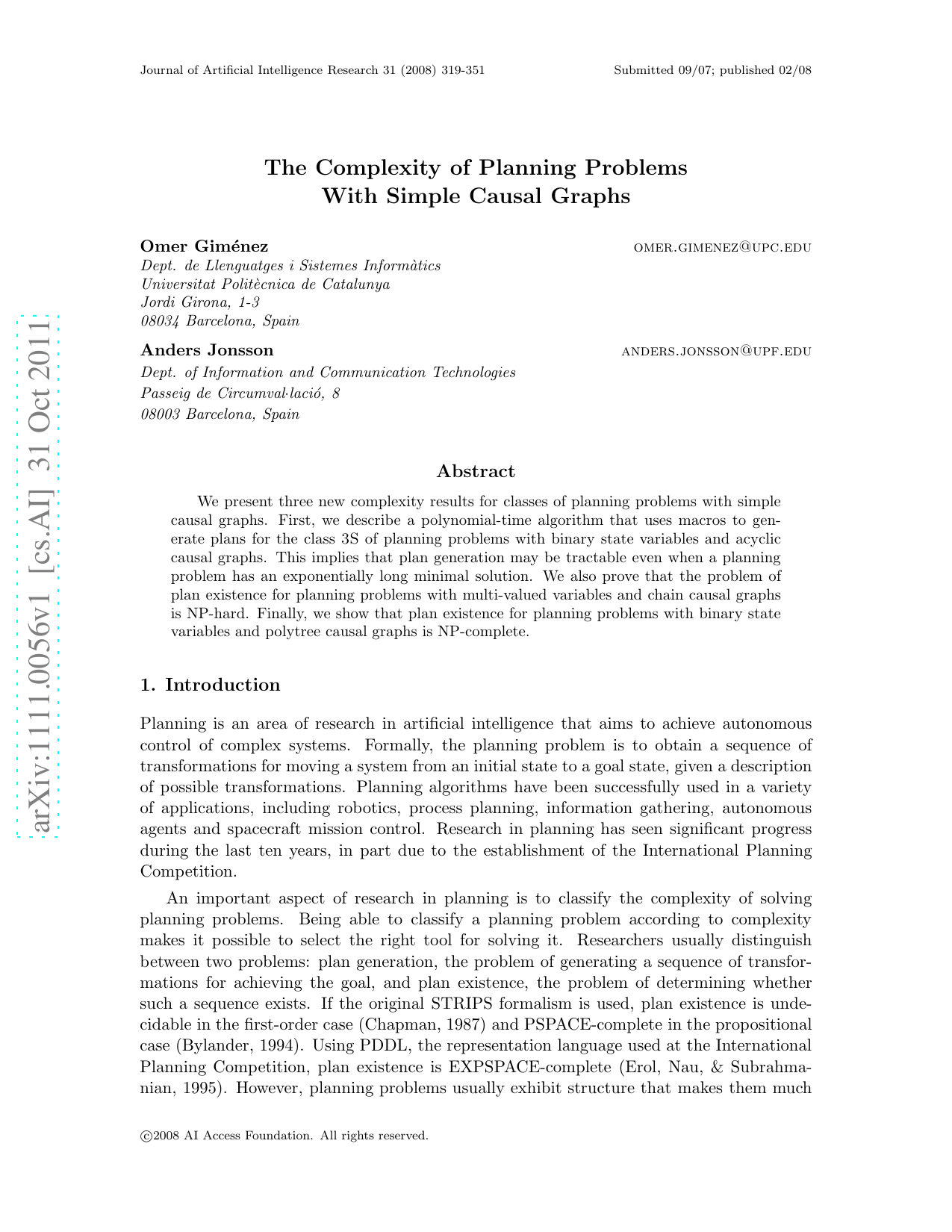 The Complexity of Planning Problems With Simple Causal Graphs