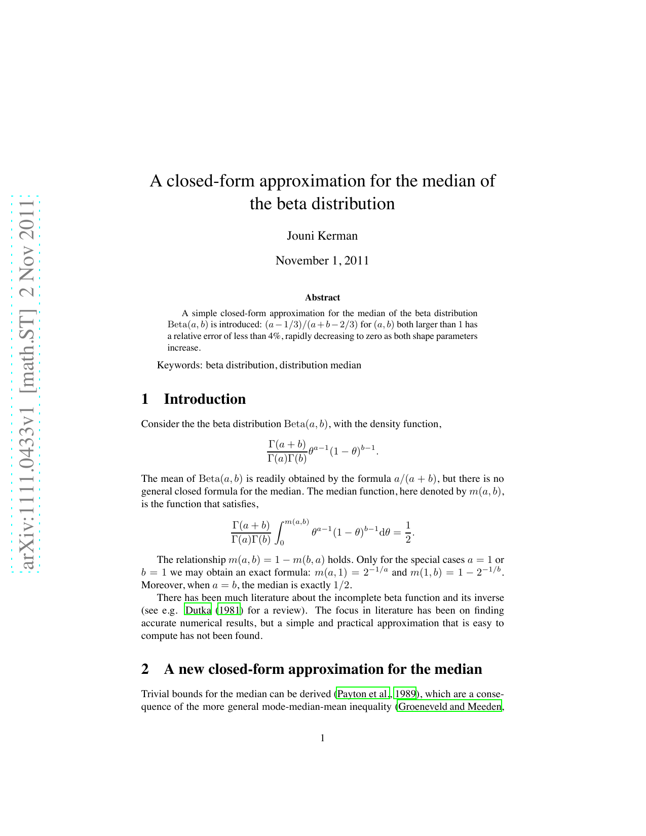 A closed-form approximation for the median of the beta distribution