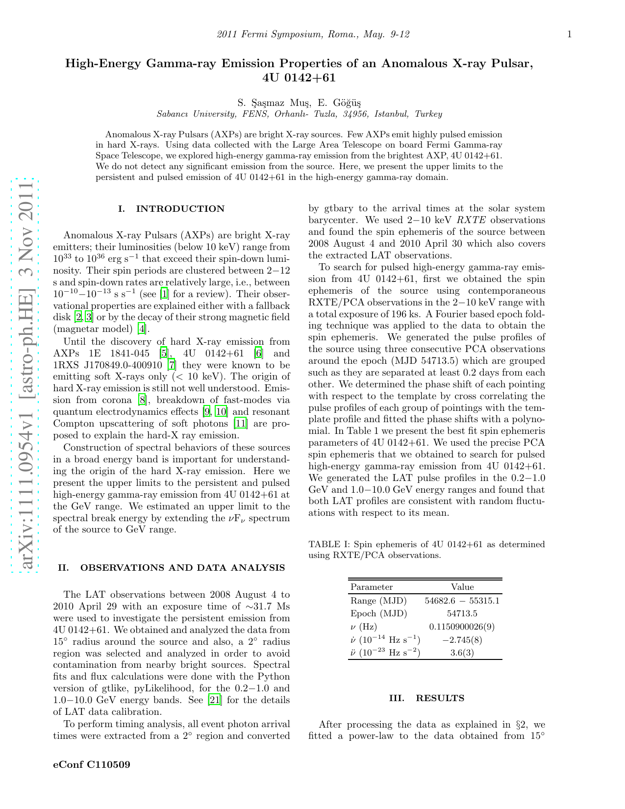 High-Energy Gamma-ray Emission Properties of an Anomalous X-ray Pulsar,   4U 0142+61
