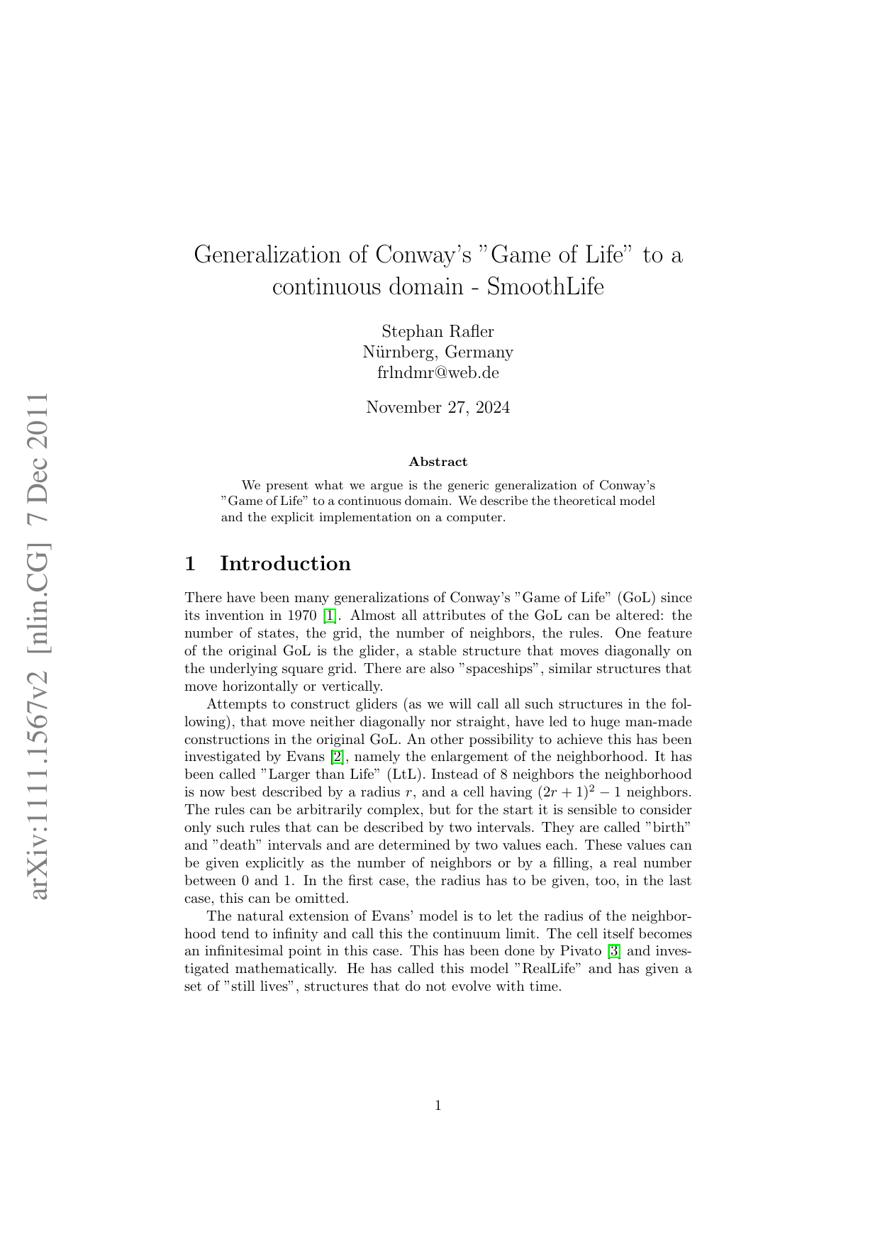 Generalization of Conways 'Game of Life' to a continuous domain -   SmoothLife