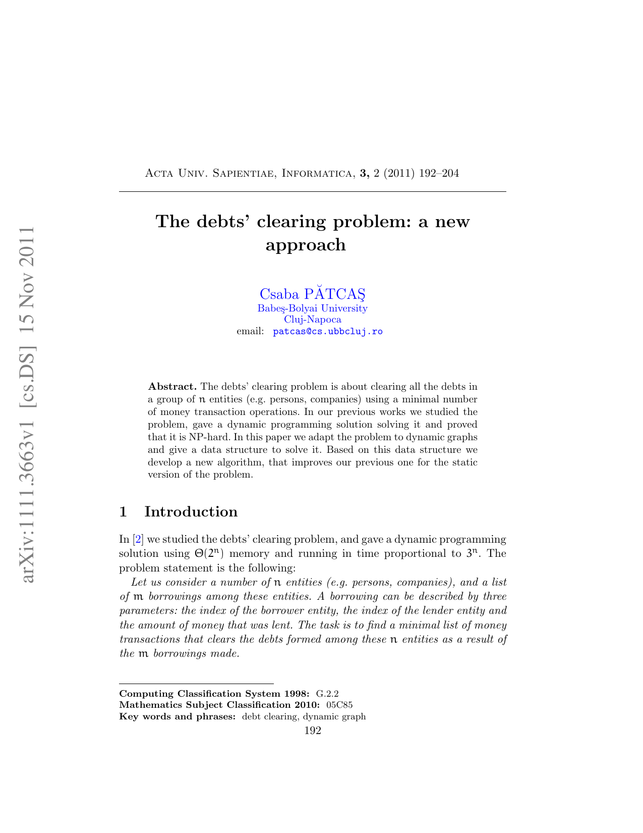 The debts clearing problem: a new approach