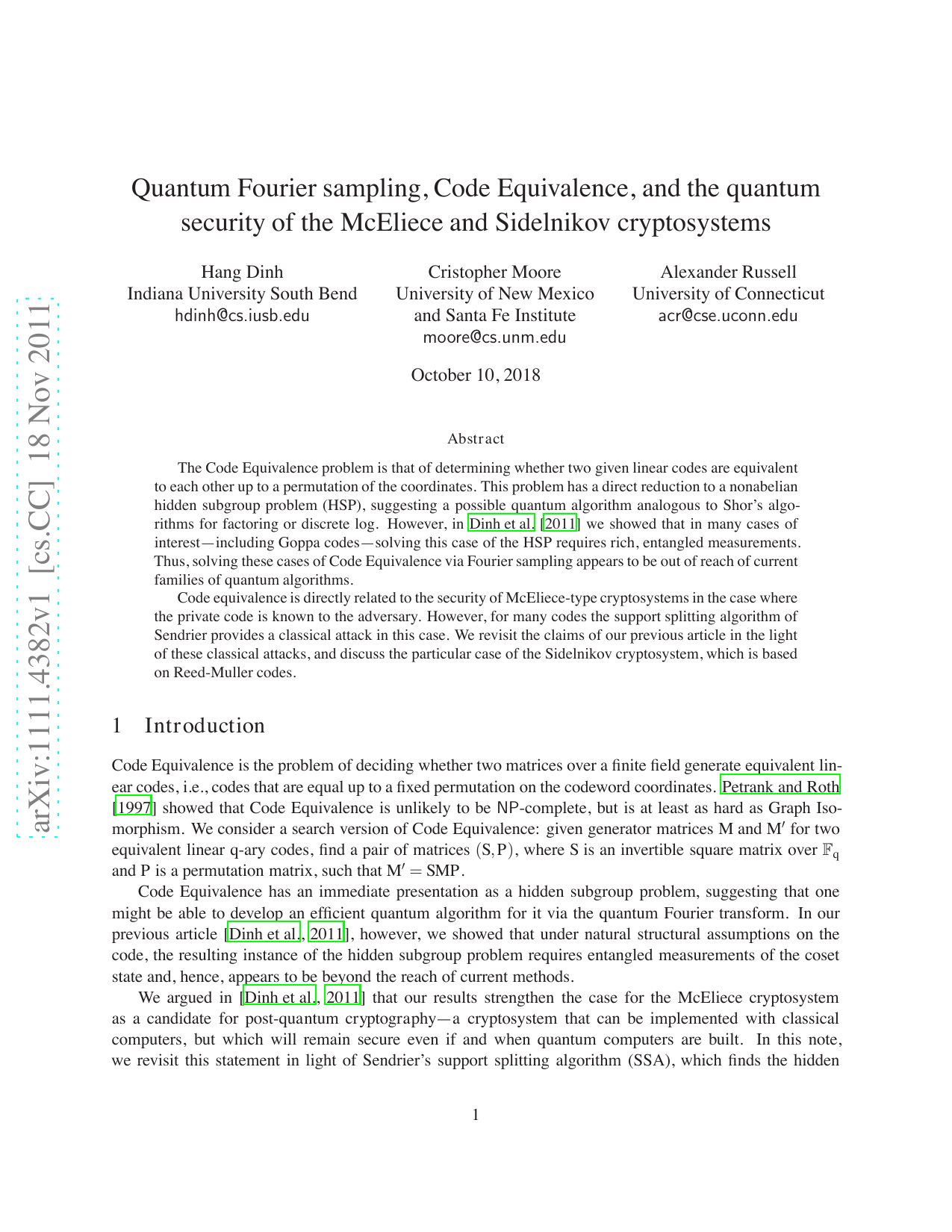 Quantum Fourier sampling, Code Equivalence, and the quantum security of   the McEliece and Sidelnikov cryptosystems