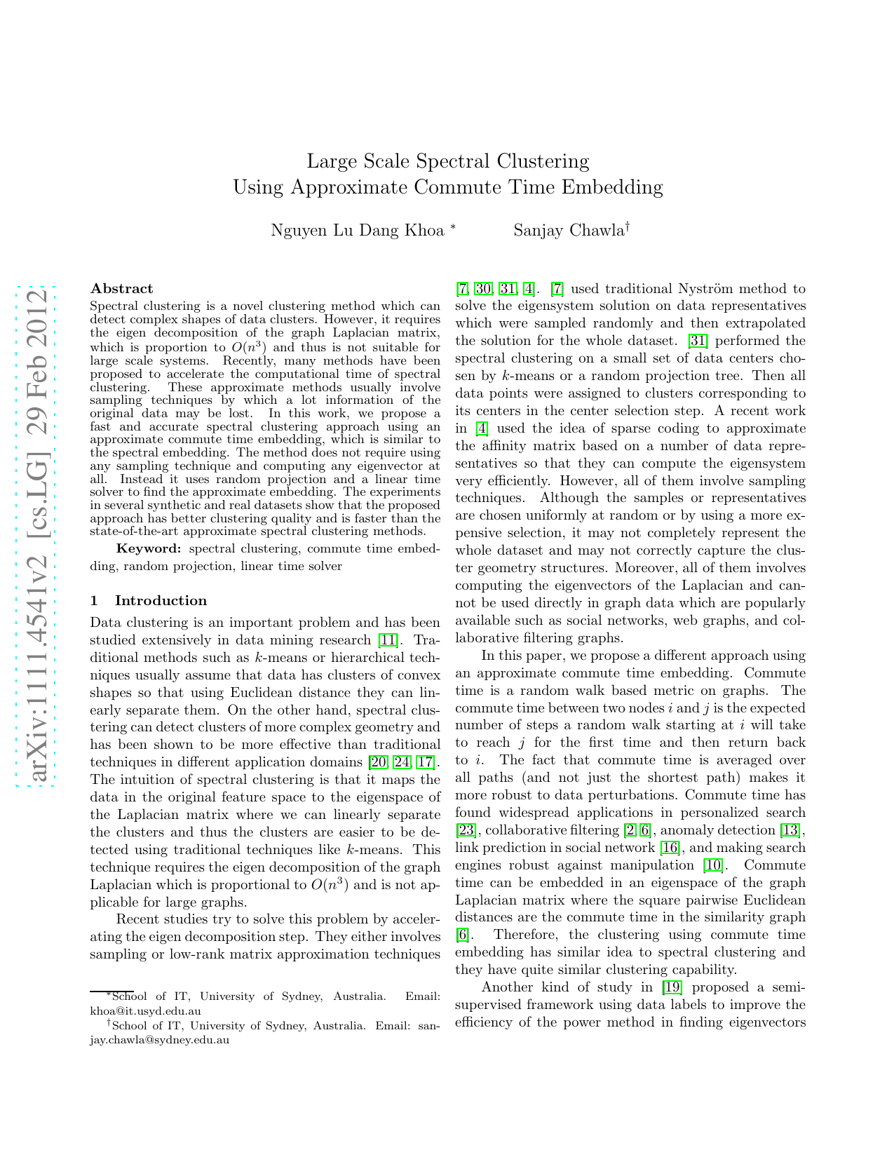 Large Scale Spectral Clustering Using Approximate Commute Time Embedding