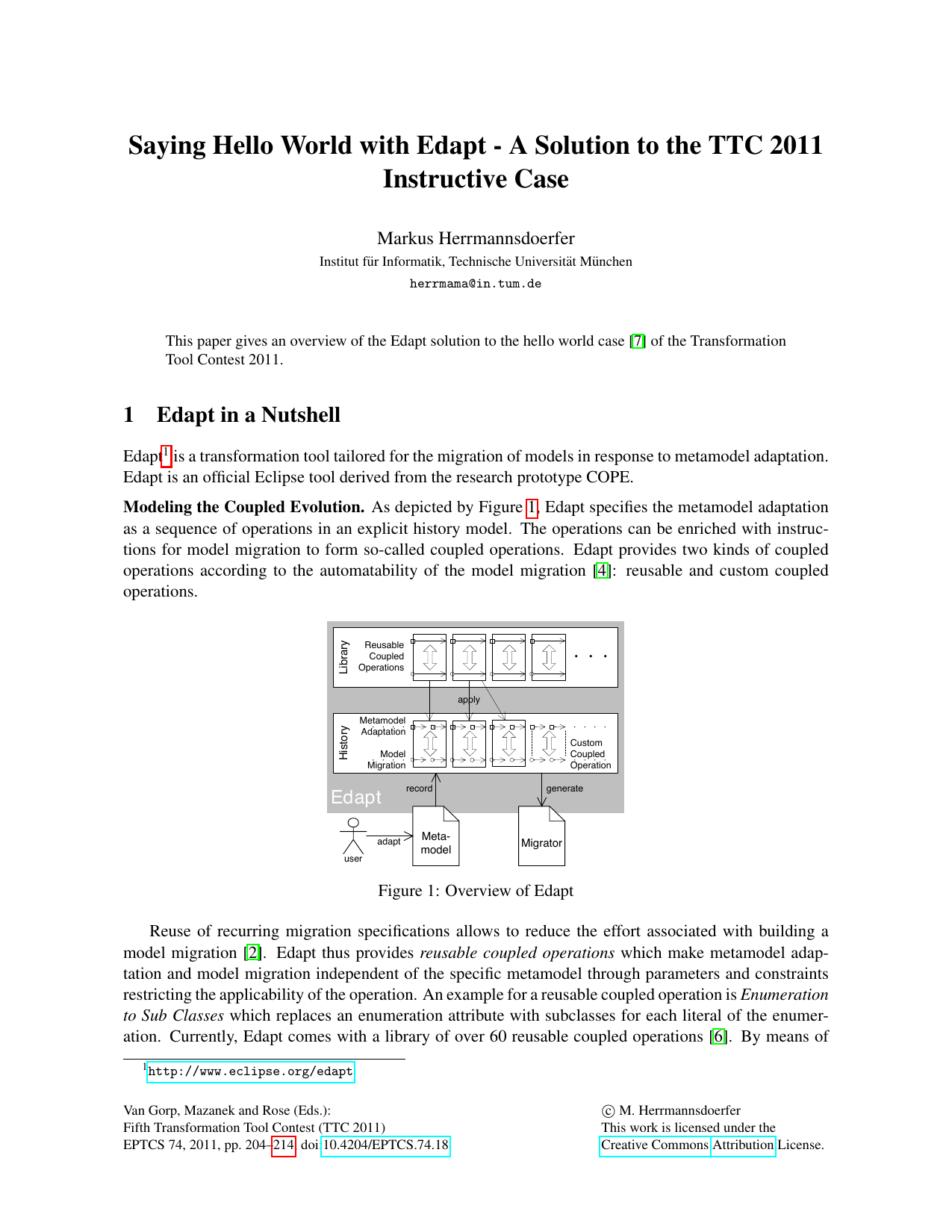Saying Hello World with Edapt - A Solution to the TTC 2011 Instructive   Case