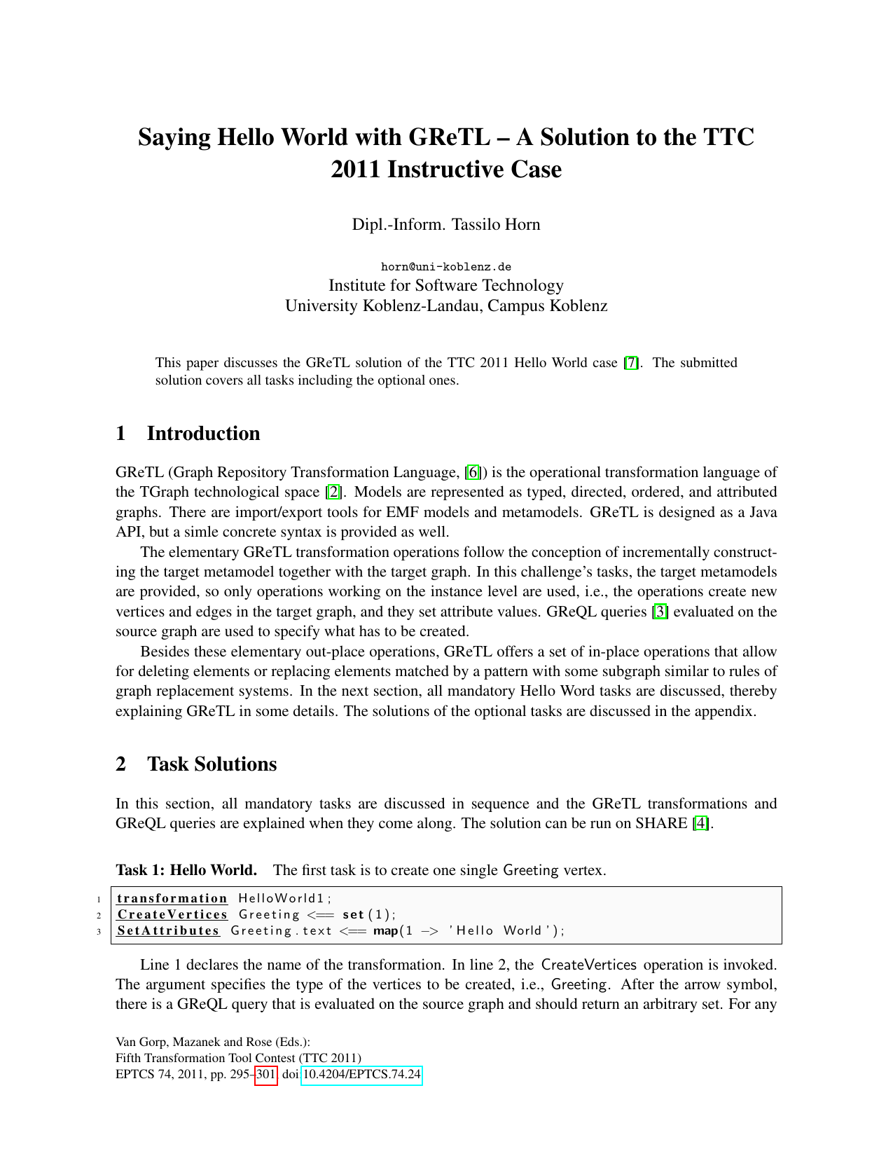 Saying Hello World with GReTL - A Solution to the TTC 2011 Instructive   Case