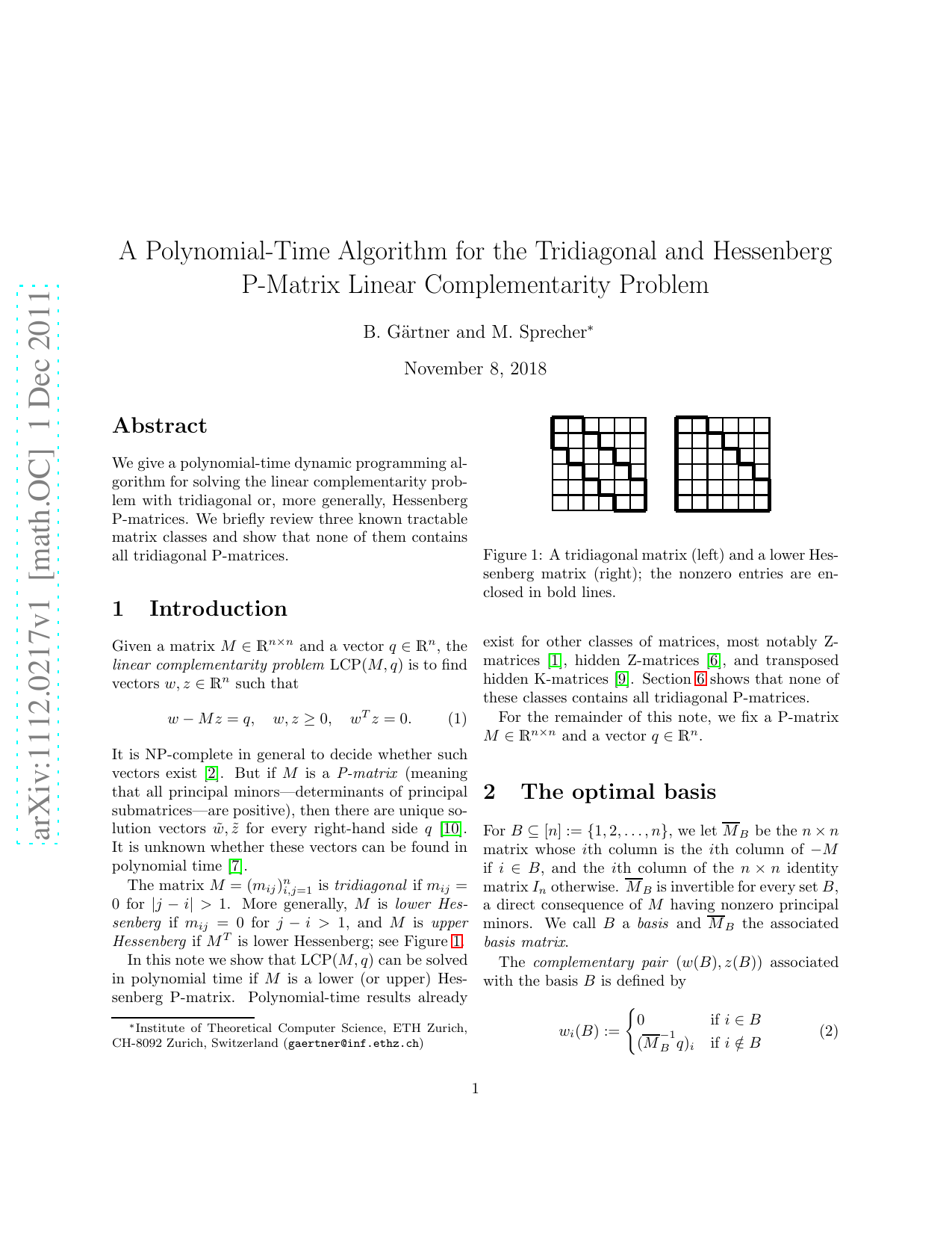 A Polynomial-Time Algorithm for the Tridiagonal and Hessenberg P-Matrix   Linear Complementarity Problem
