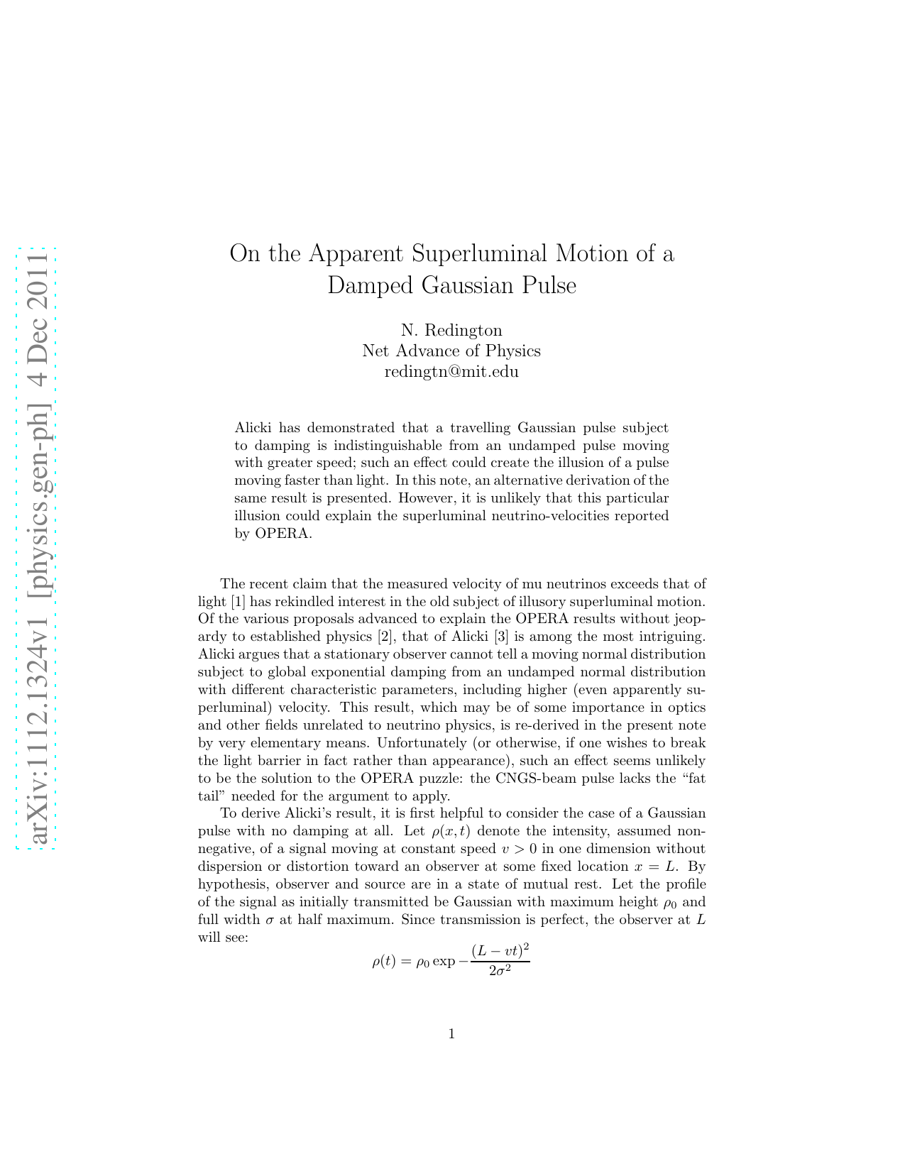On the Apparent Superluminal Motion of a Damped Gaussian Pulse