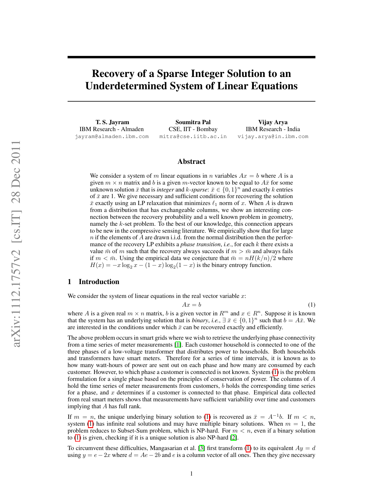 Recovery of a Sparse Integer Solution to an Underdetermined System of   Linear Equations