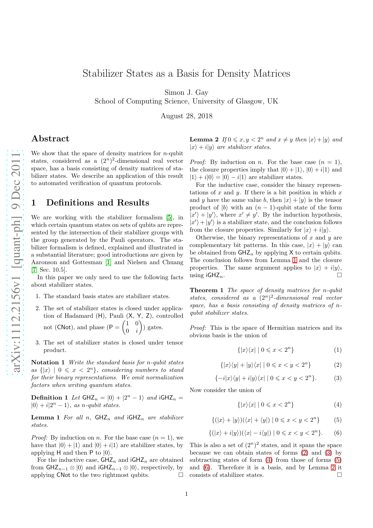 Stabilizer States as a Basis for Density Matrices