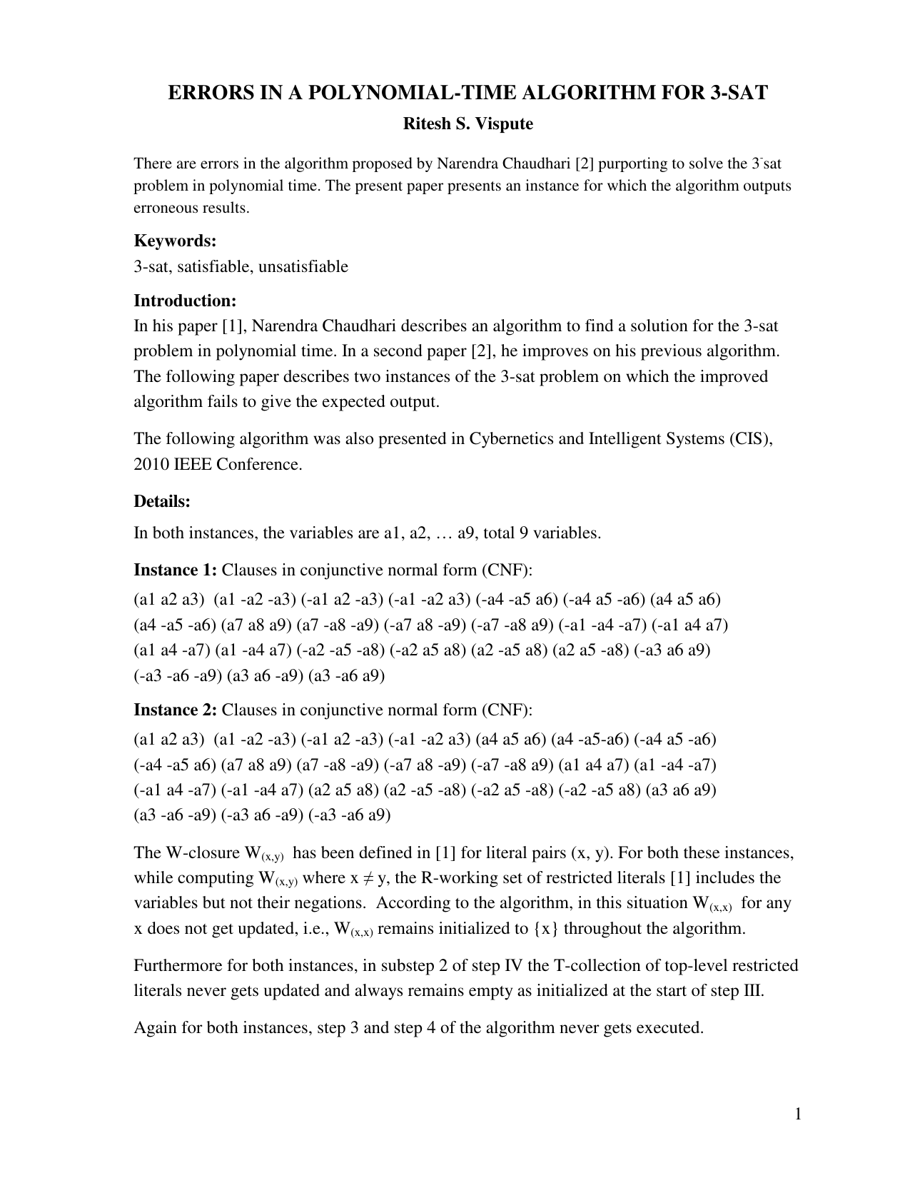 Errors in Improved Polynomial Algorithm For 3 Sat Proposed By Narendra   Chaudhari