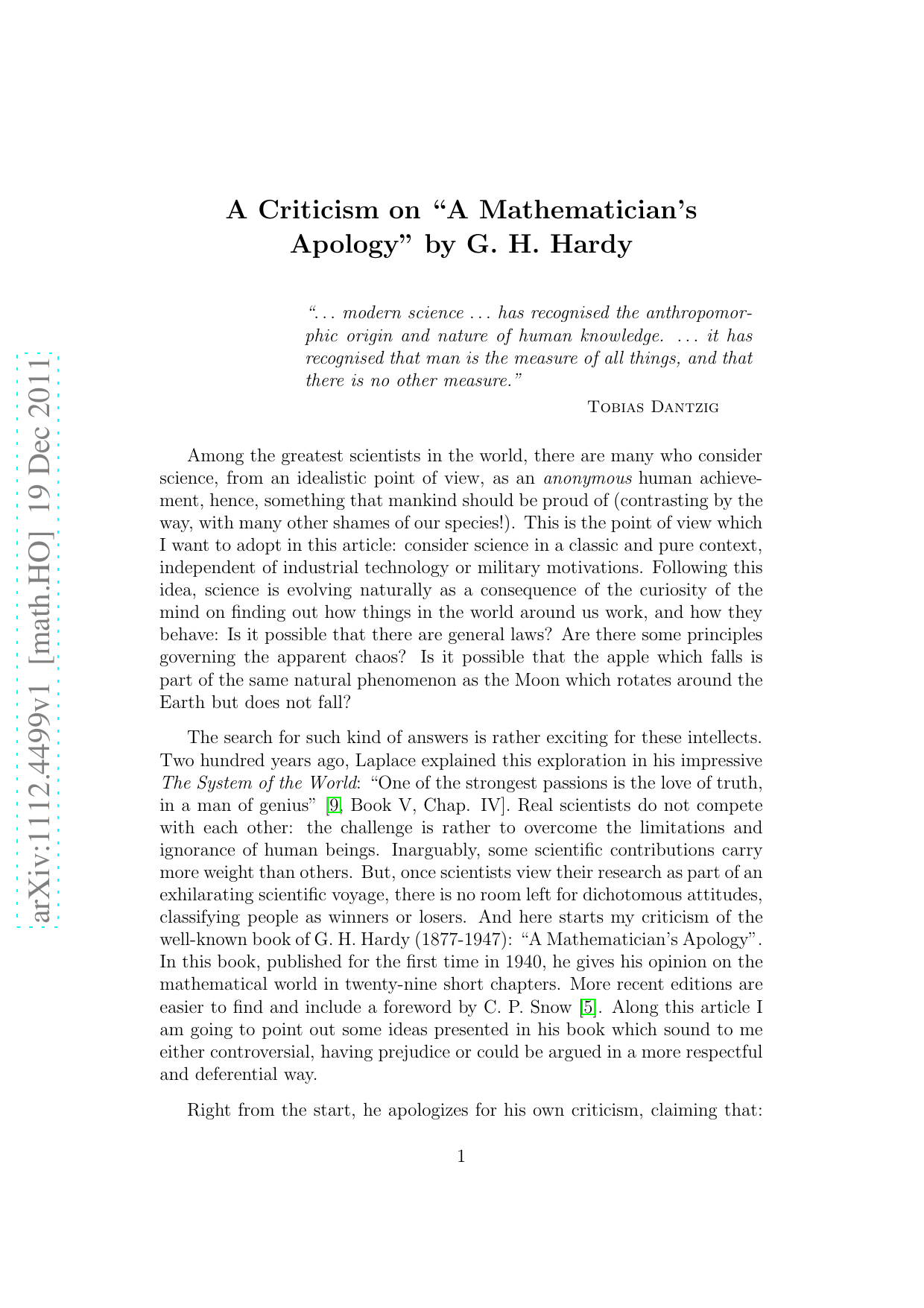 A Criticism on 'A Mathematicians Apology' by G. H. Hardy