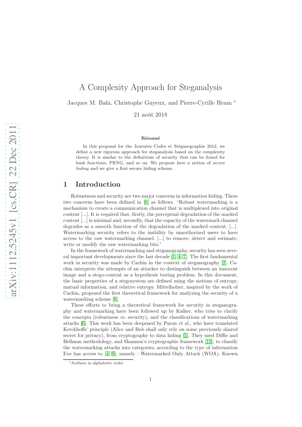 A Complexity Approach for Steganalysis