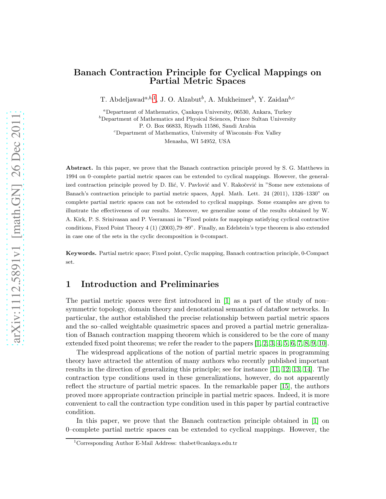 Banach Contraction Principle for Cyclical Mappings on Partial Metric   Spaces