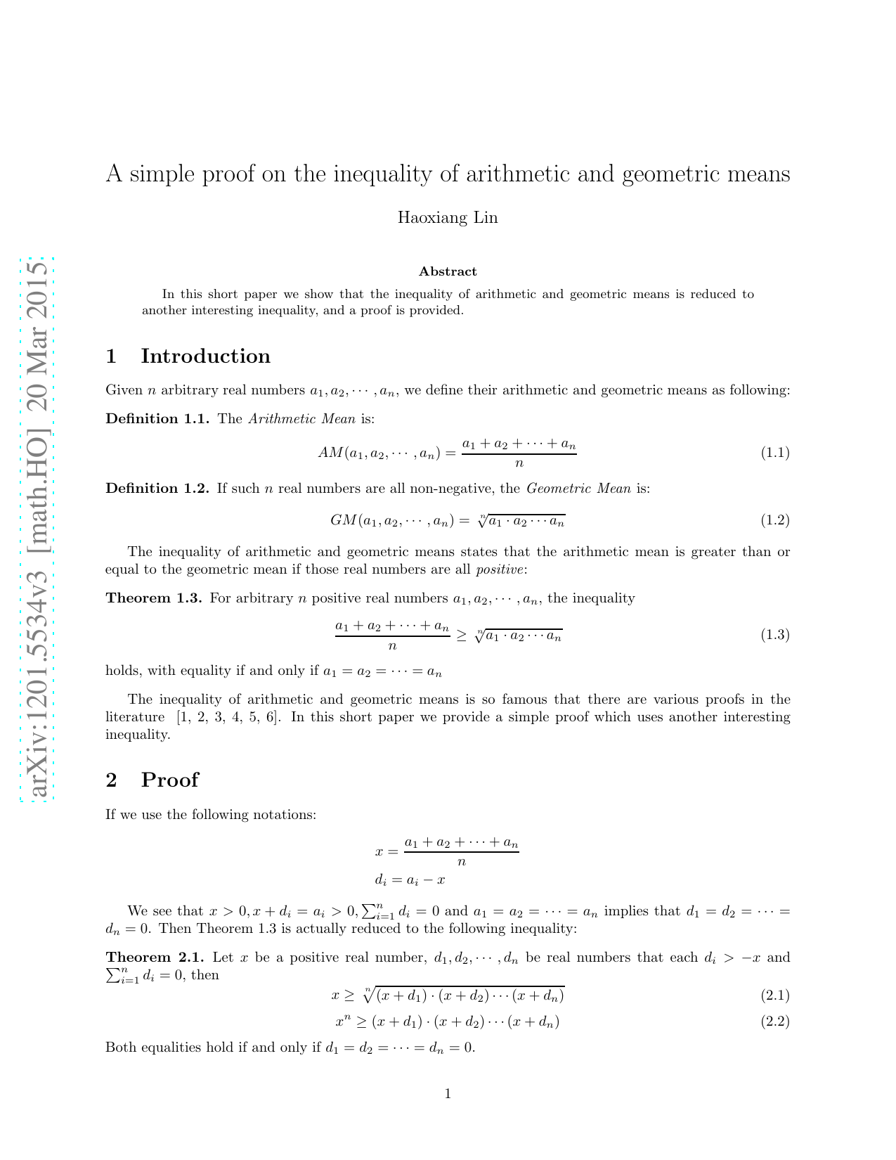 A simple proof on the inequality of arithmetic and geometric means