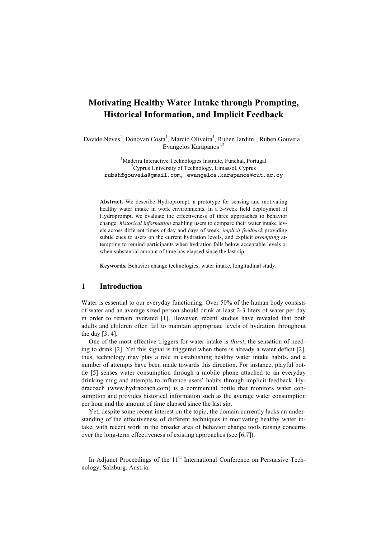 Motivating Healthy Water Intake through Prompting, Historical   Information, and Implicit Feedback
