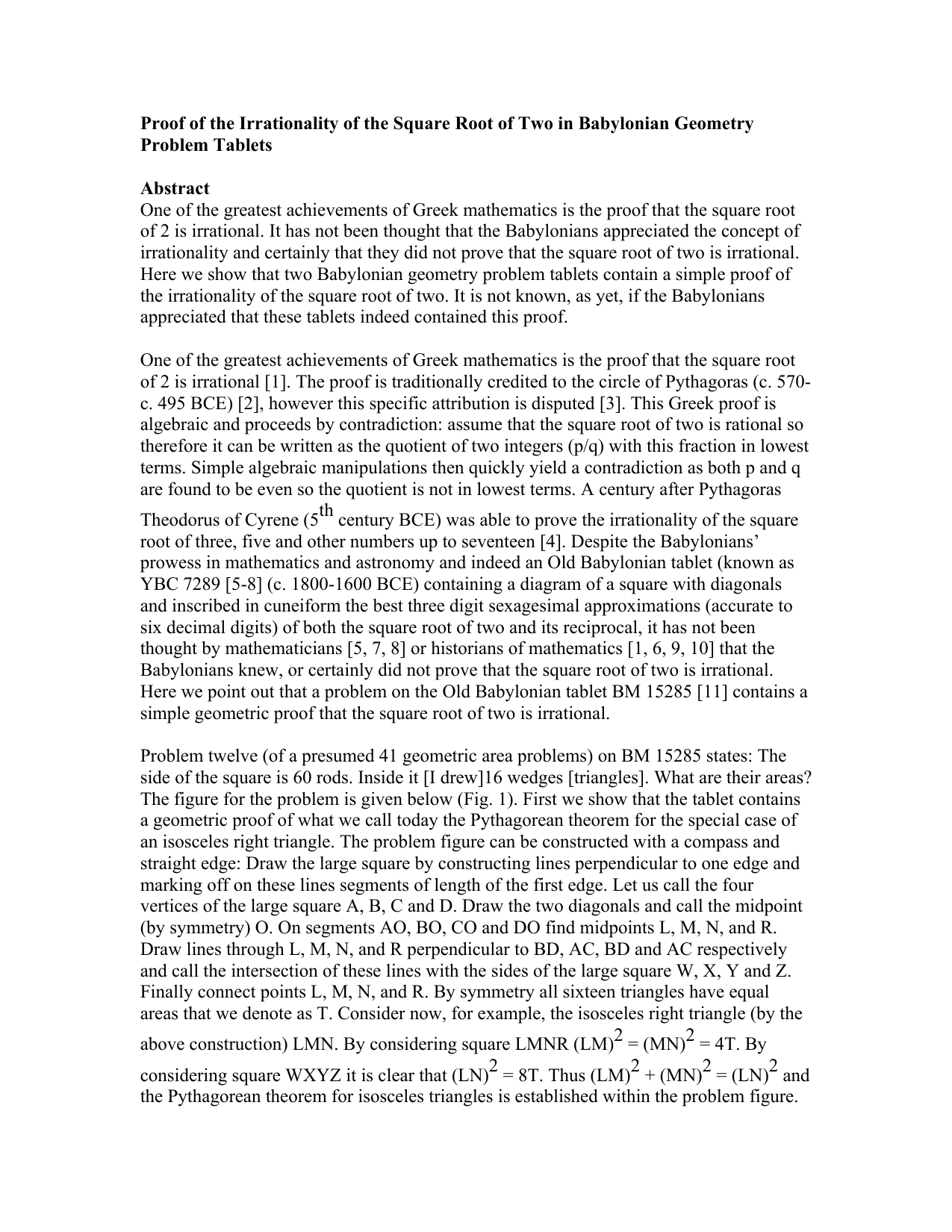 Proof of the Irrationality of the Square Root of Two in Babylonian   Geometry Problem Tablets