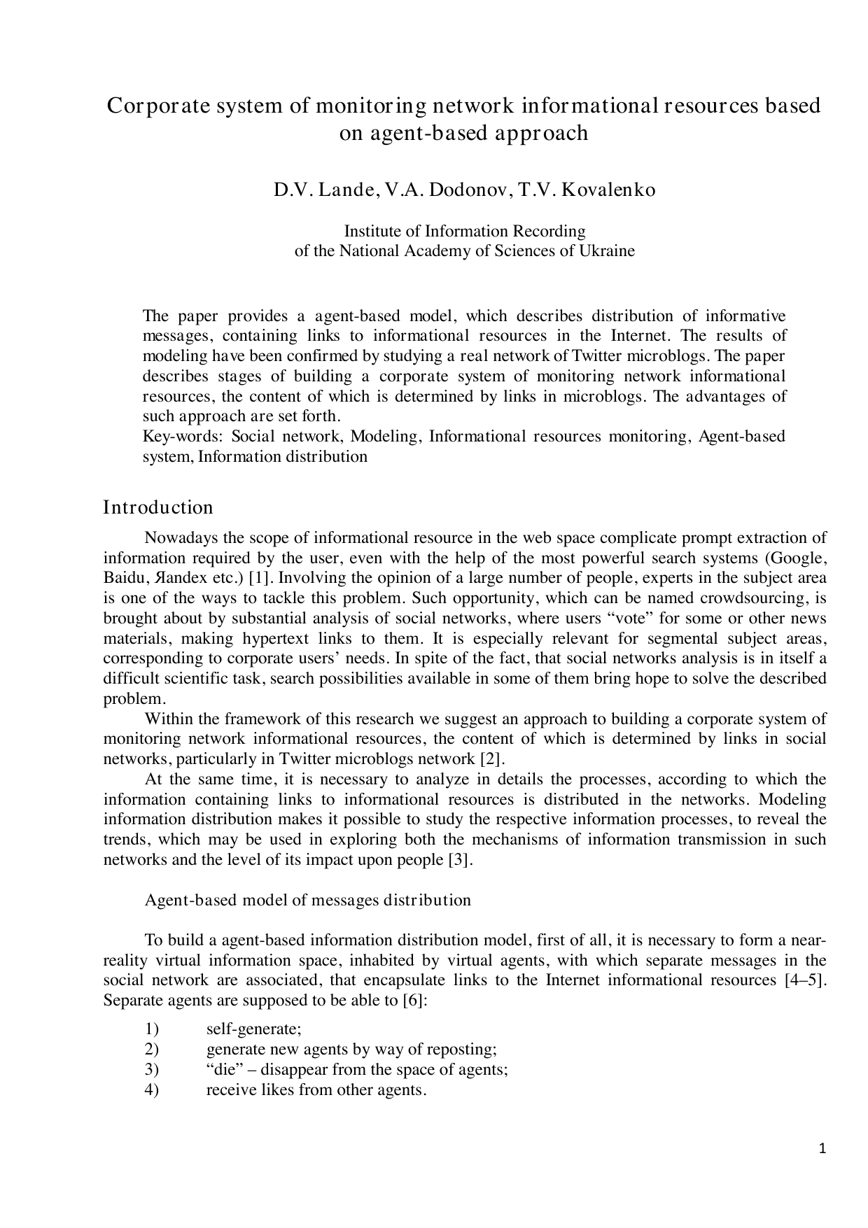 Corporate system of monitoring network informational resources based on   agent-based approach