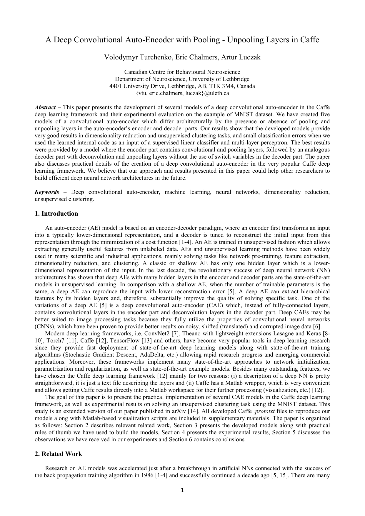 A Deep Convolutional Auto-Encoder with Pooling - Unpooling Layers in Caffe