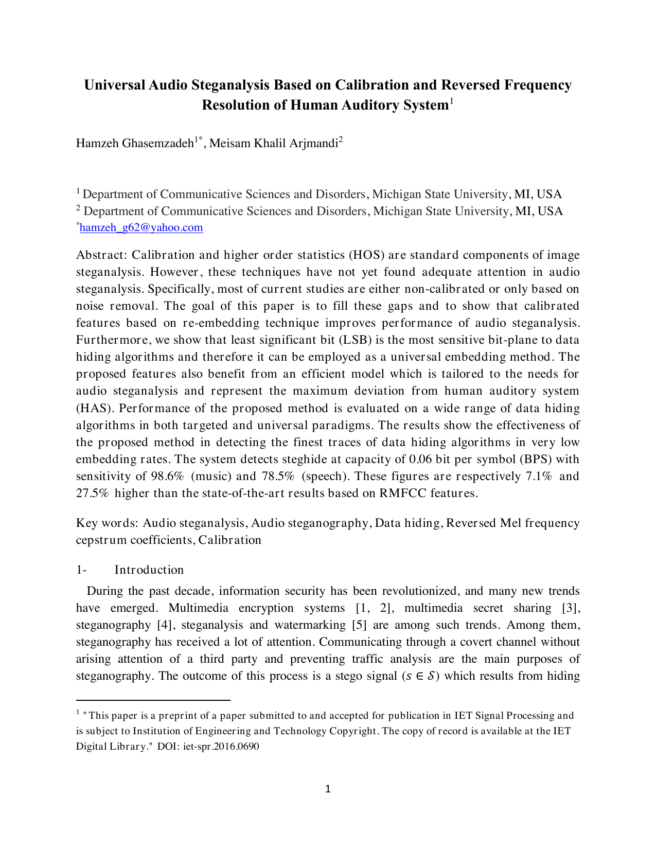 Universal Audio Steganalysis Based on Calibration and Reversed Frequency Resolution of Human Auditory System