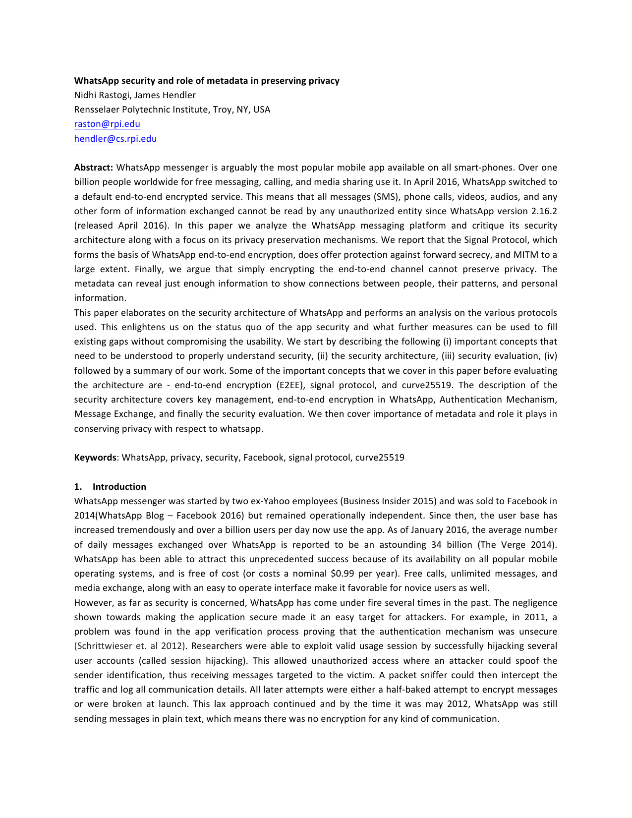 WhatsApp security and role of metadata in preserving privacy