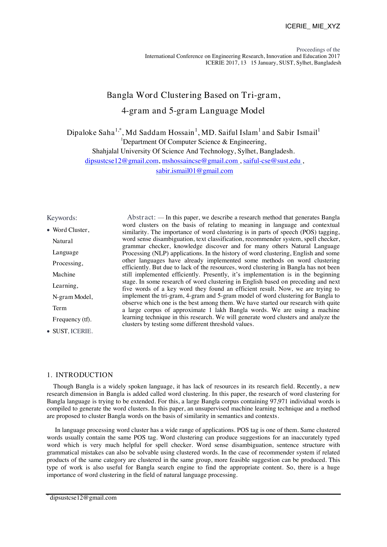 Bangla Word Clustering Based on Tri-gram, 4-gram and 5-gram Language   Model