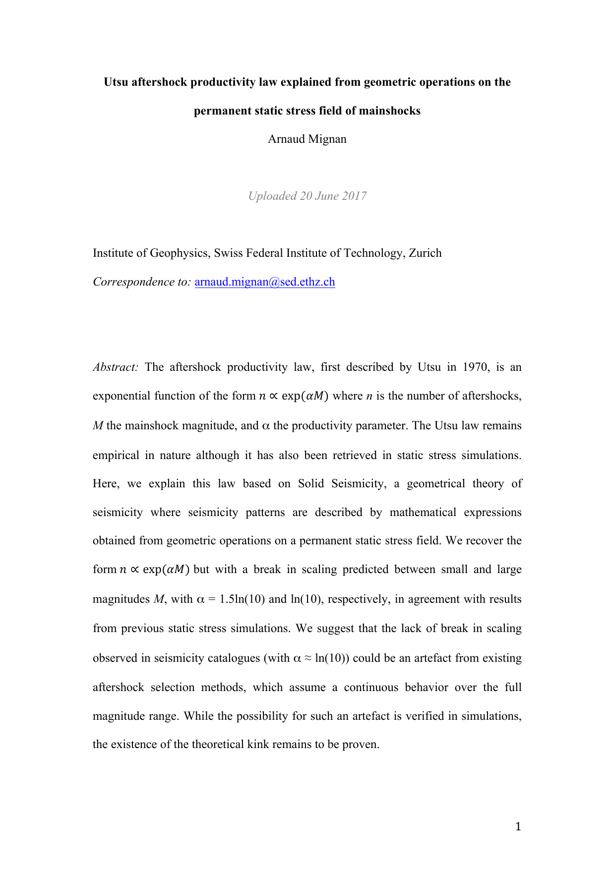 Utsu aftershock productivity law explained from geometric operations on the permanent static stress field of mainshocks