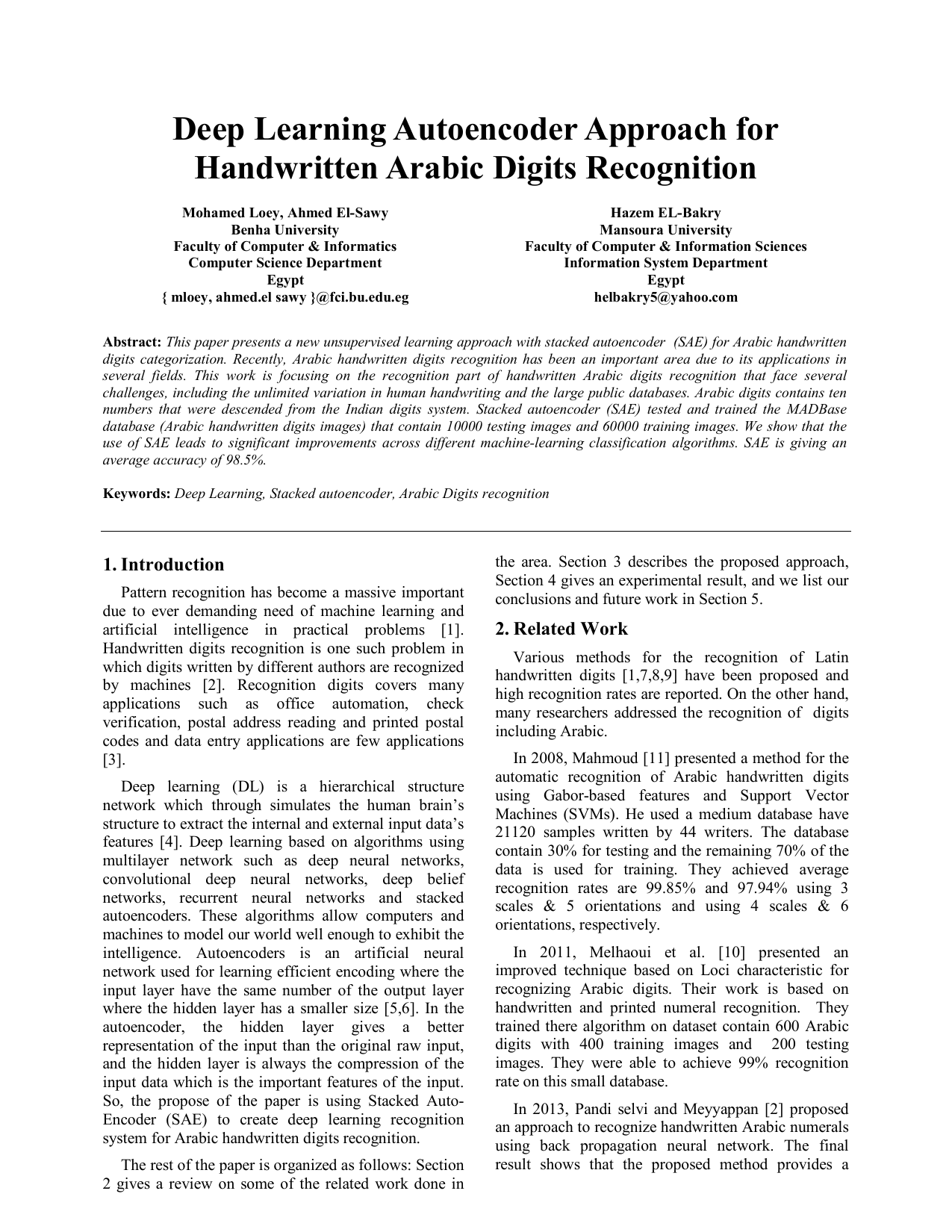 Deep Learning Autoencoder Approach for Handwritten Arabic Digits Recognition