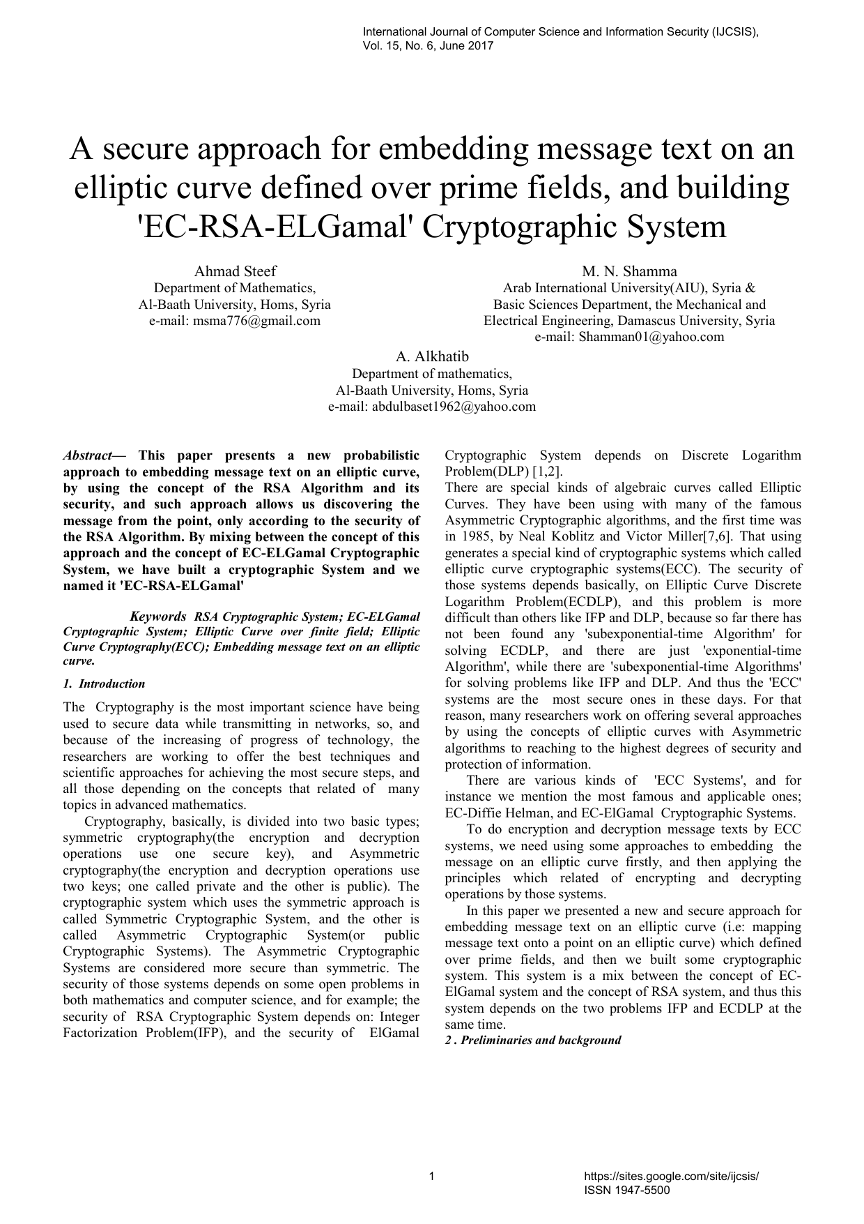 A secure approach for embedding message text on an elliptic curve   defined over prime fields, and building EC-RSA-ELGamal Cryptographic System