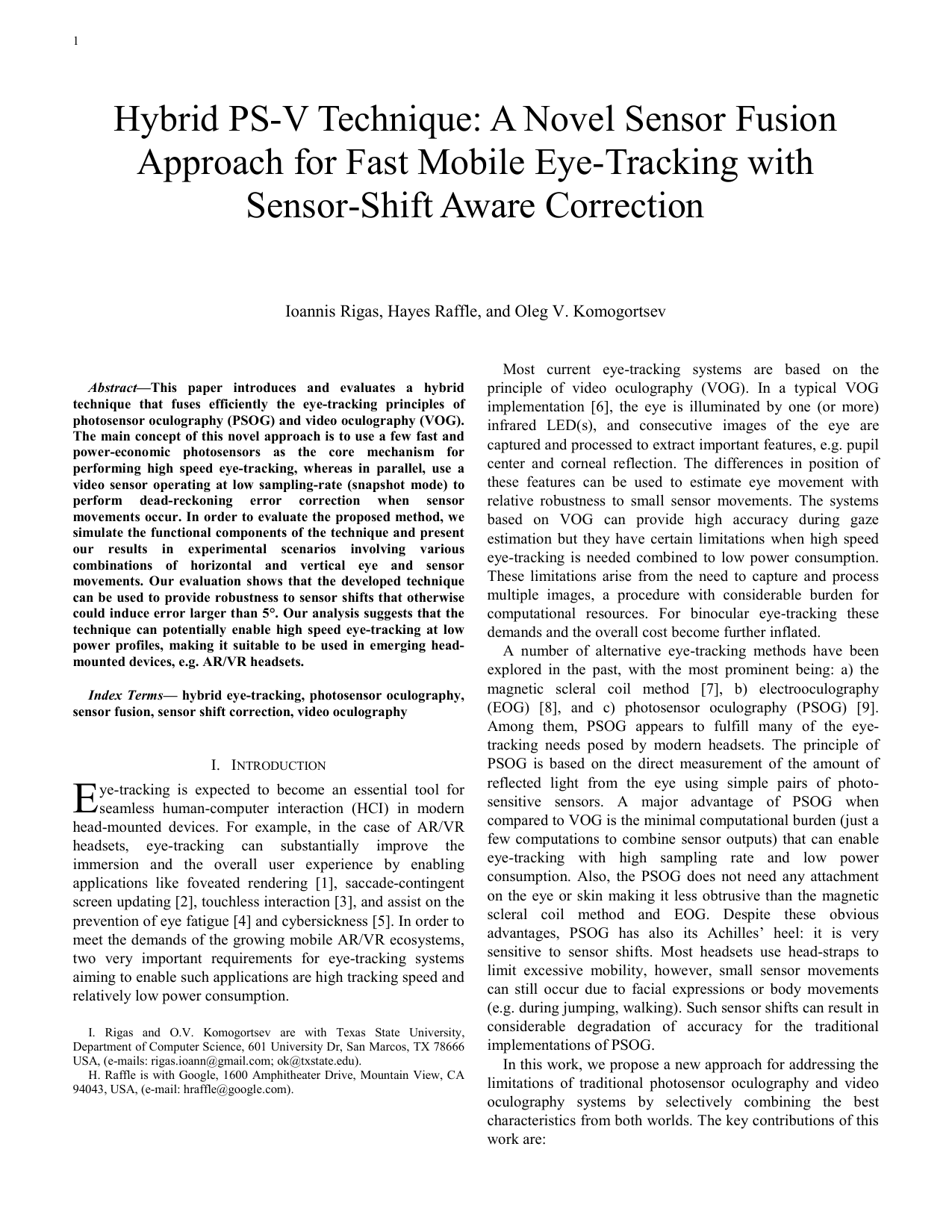 Hybrid PS-V Technique: A Novel Sensor Fusion Approach for Fast Mobile Eye-Tracking with Sensor-Shift Aware Correction