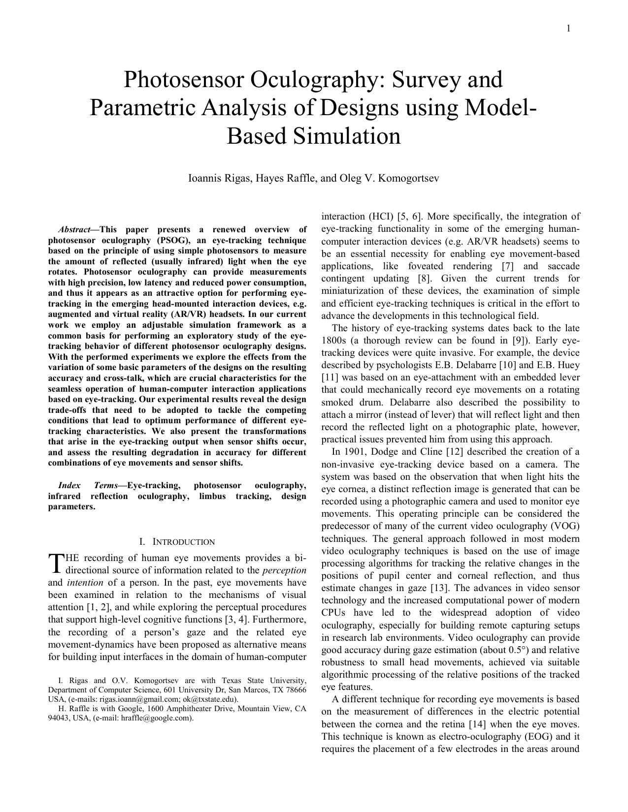 Photosensor Oculography: Survey and Parametric Analysis of Designs using   Model-Based Simulation