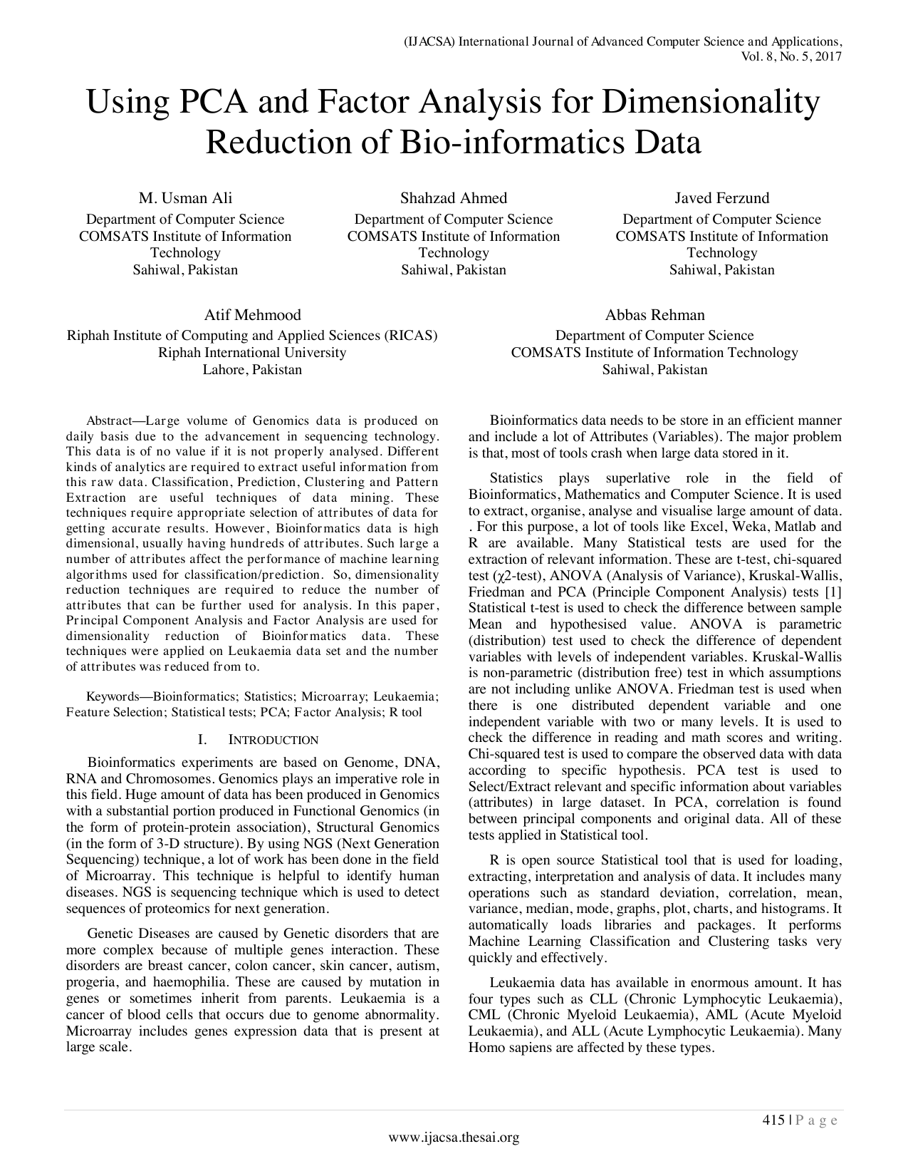 Using PCA and Factor Analysis for Dimensionality Reduction of Bio-informatics Data