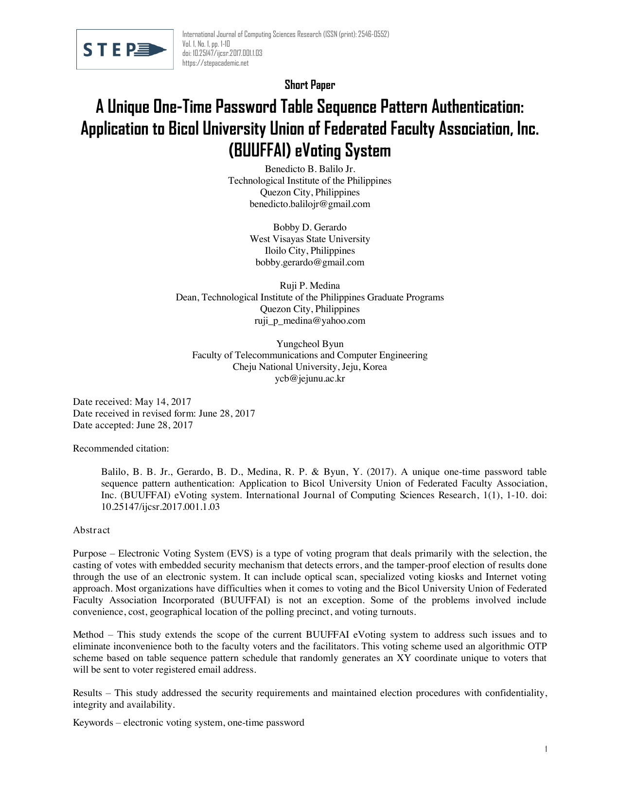 A Unique One-Time Password Table Sequence Pattern Authentication: Application to Bicol University Union of Federated Faculty Association, Inc. (BUUFFAI) eVoting System