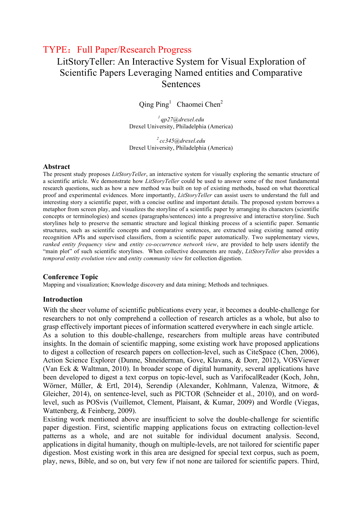 LitStoryTeller: An Interactive System for Visual Exploration of   Scientific Papers Leveraging Named entities and Comparative Sentences