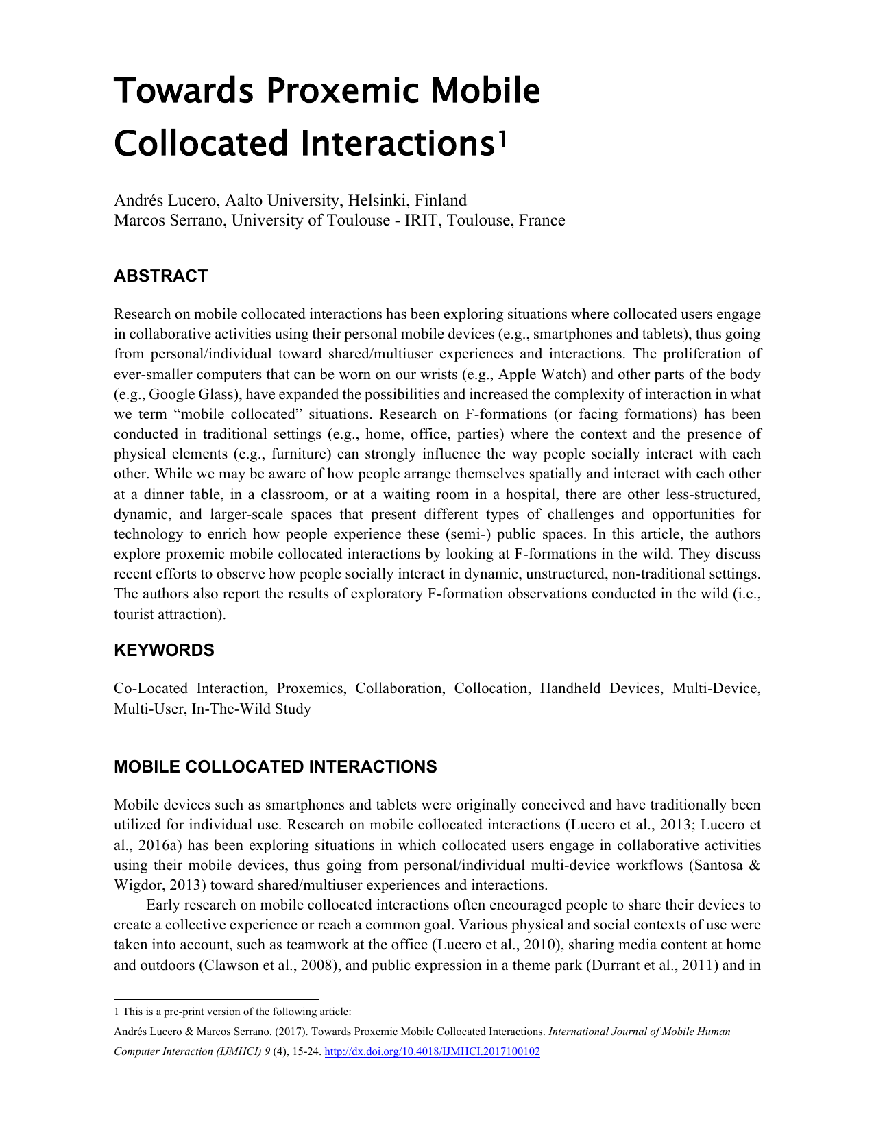 Towards Proxemic Mobile Collocated Interactions