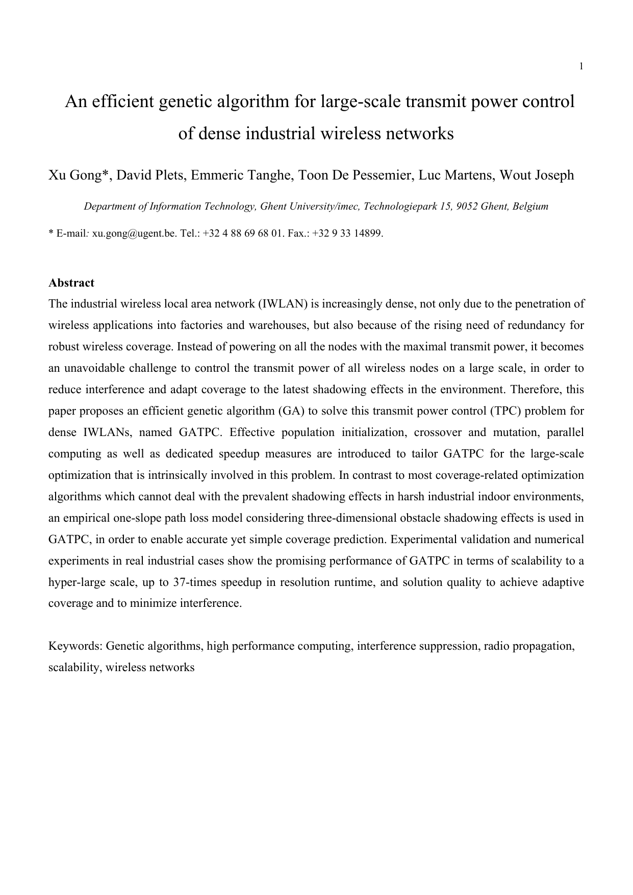 An efficient genetic algorithm for large-scale transmit power control of dense industrial wireless networks