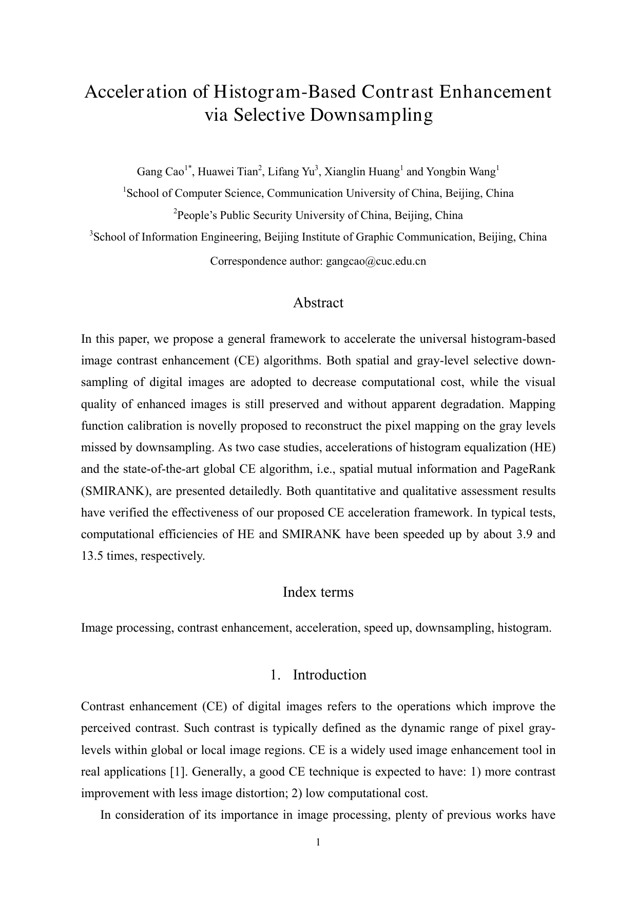 Acceleration of Histogram-Based Contrast Enhancement via Selective Downsampling